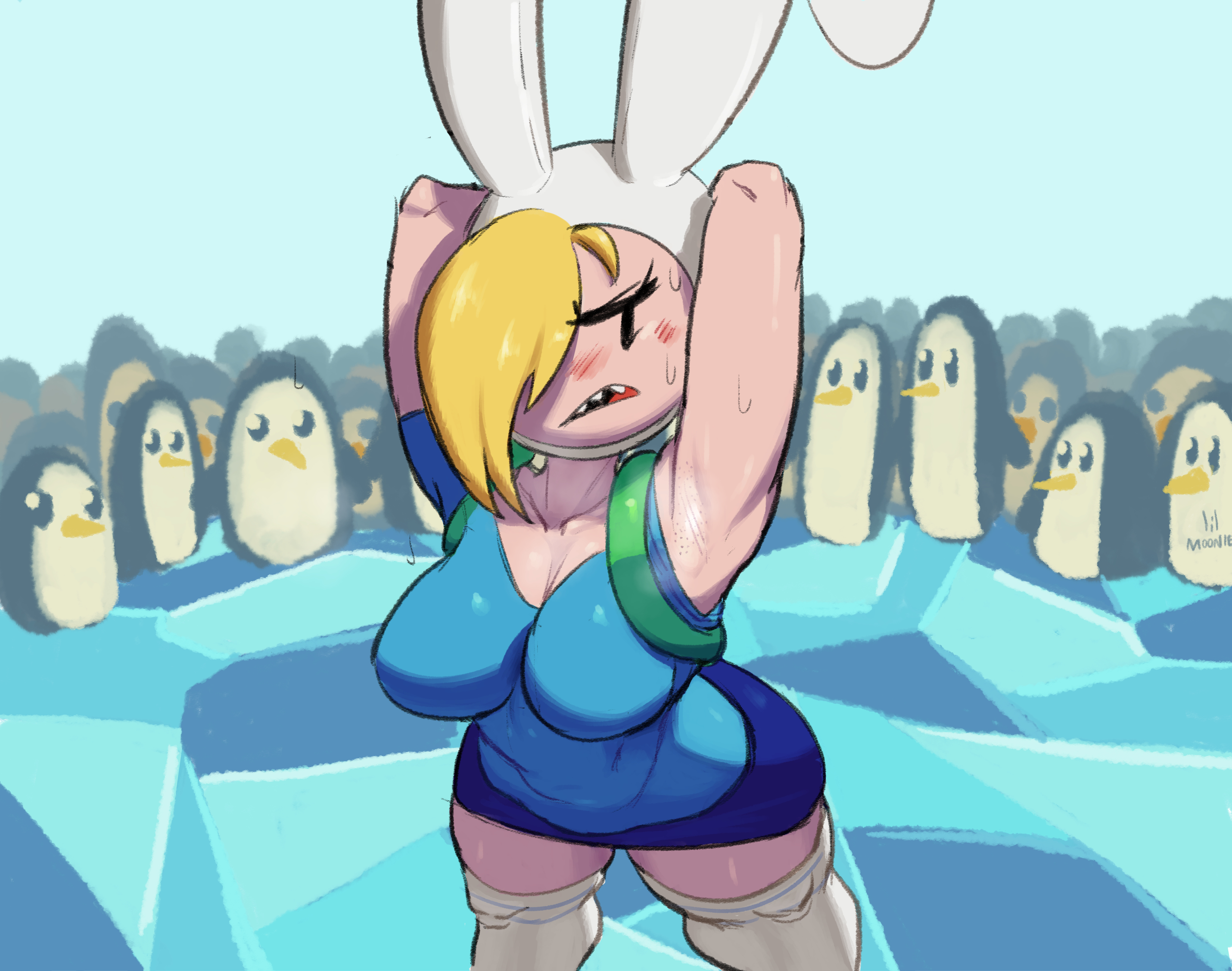 1girls, adventure time, armpits, backpack, bag, breasts, female, female only, fionna the human girl, human, lilmoonie, penguin, presenting armpit, solo, solo focus, steam, sweat
