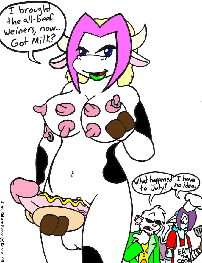 2000s 2003 anthro balls bat bovid bovine cattle cid_(rancid) dialogue english_text erection food food_fetish food_play futanari genitals green_lips hair herm intersex june_(rancid) lips mammal murid murine nipple_piercing nipples penis pierce_(rancid) piercing purple_hair rat rodent standing text udder_breasts