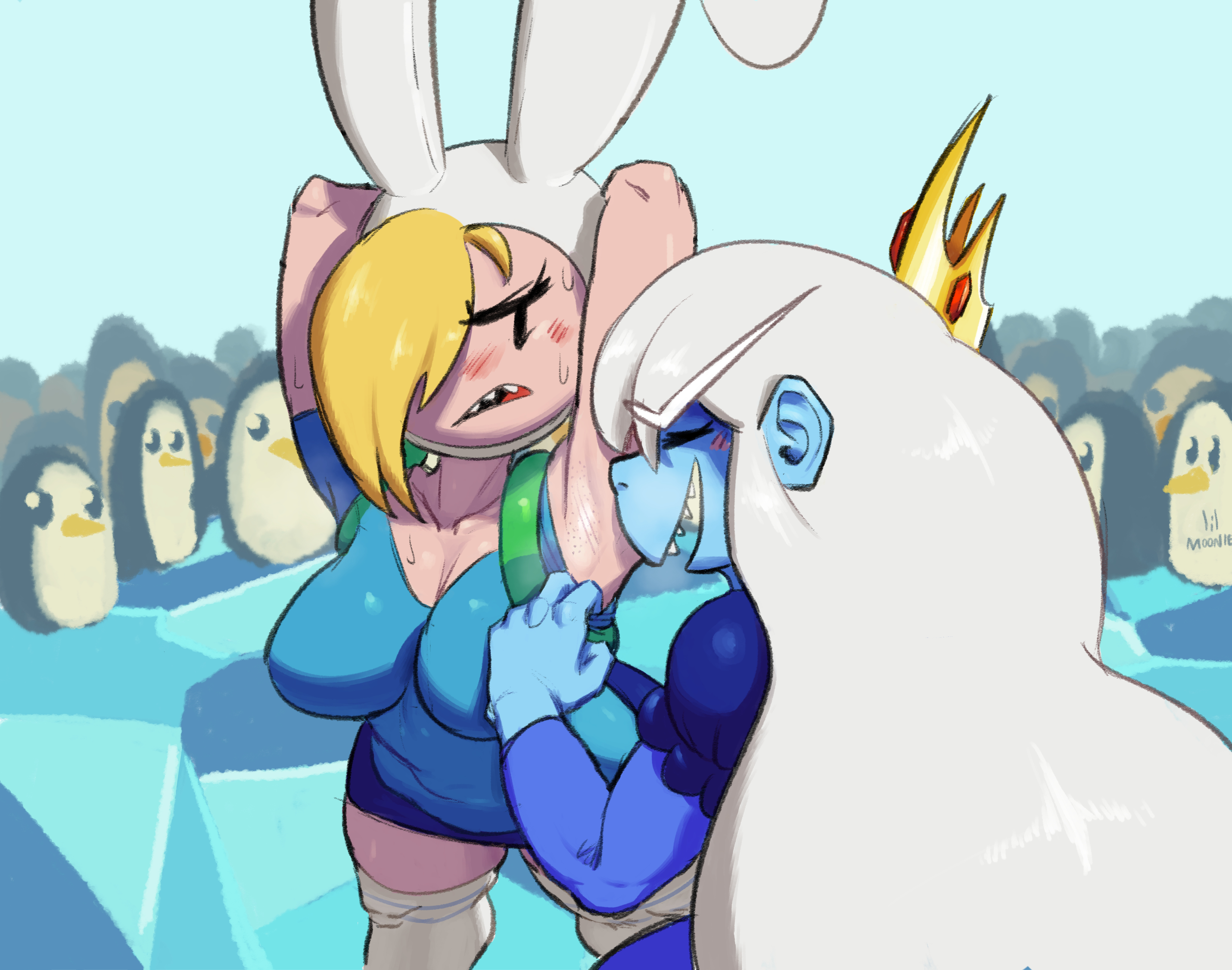 2girls, adventure time, armpit licking, armpit sniffing, armpit stubble, armpits, backpack, bag, blonde, blonde hair, blue shirt, blue skin, blue skirt, breasts, crown, disgusted, female, fionna the human girl, hair over one eye, hands behind back, human, ice, ice queen (adventure time), lilmoonie, multiple females, multiple girls, penguin, presenting armpit, steam, stockings, sweat, white hair, yuri