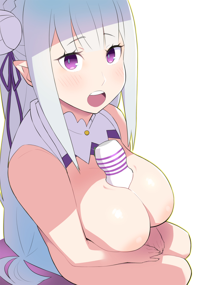 1girls between_breasts big_breasts blush detached_collar emilia_(re:zero) hands_on_own_thighs happy large_breasts legs long_hair looking_at_viewer motion_lines open_mouth purple_eyes re:zero_kara_hajimeru_isekai_seikatsu simple_background sitting sleeveless smile tetrodotoxin thighs white_background white_hair