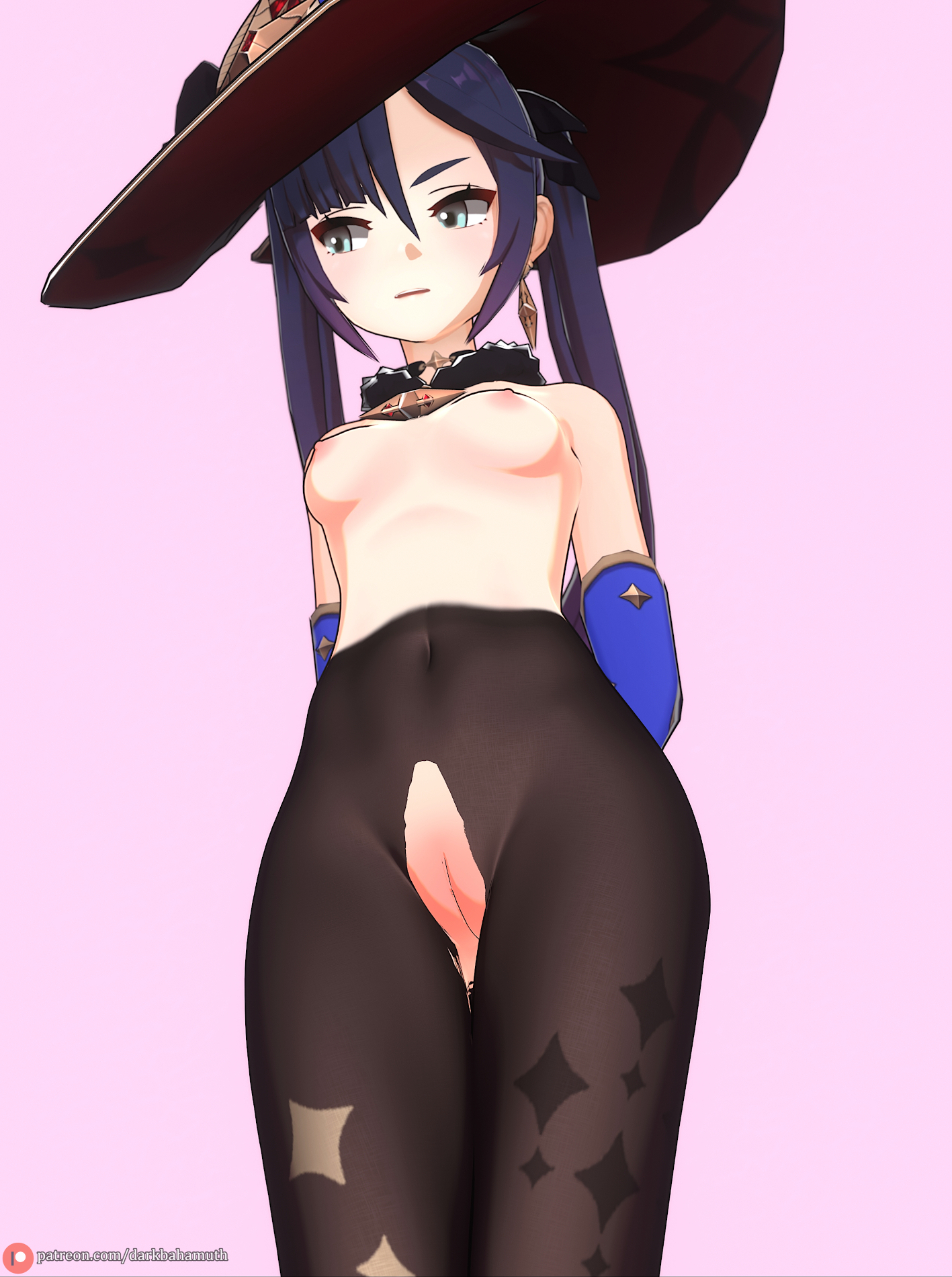 1girls, 3d, darkbahamuth, female, female only, genshin impact, mona (genshin impact), petite, pinup, shy, solo, teenager, young, younger female