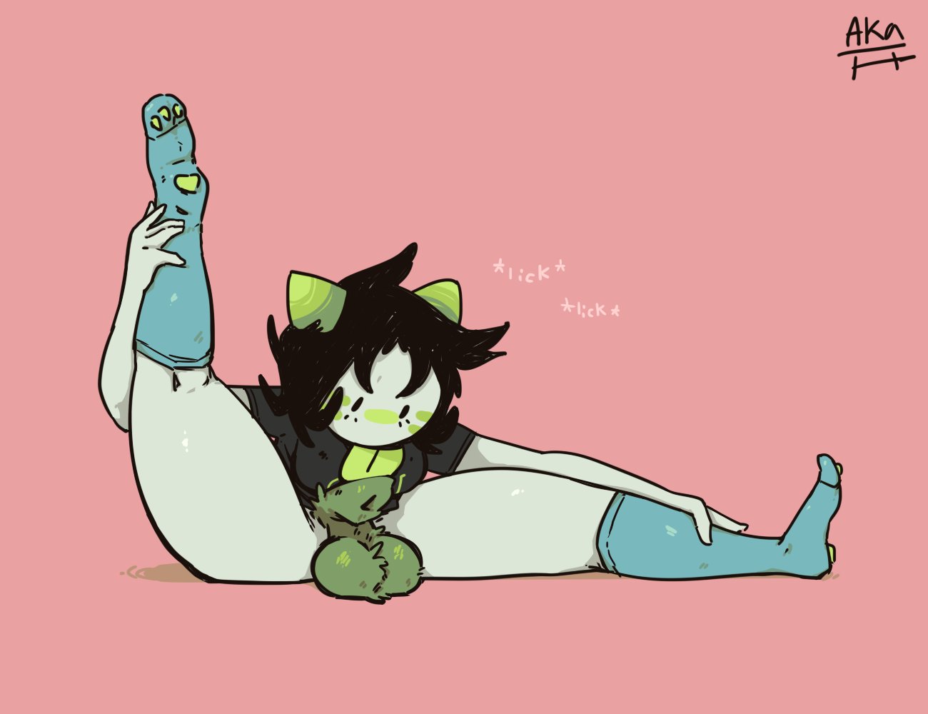 1futa, aka h, animal genitalia on humanoid, autofellatio, balls, bottomless, clothed, clothing, feline penis on humanoid, futa only, futanari, homestuck, humanoid, intersex, licking, licking own penis, licking penis, mostly nude, nepeta leijon, partially clothed, penis, sheath, simple eyes, solo, tongue, tongue out