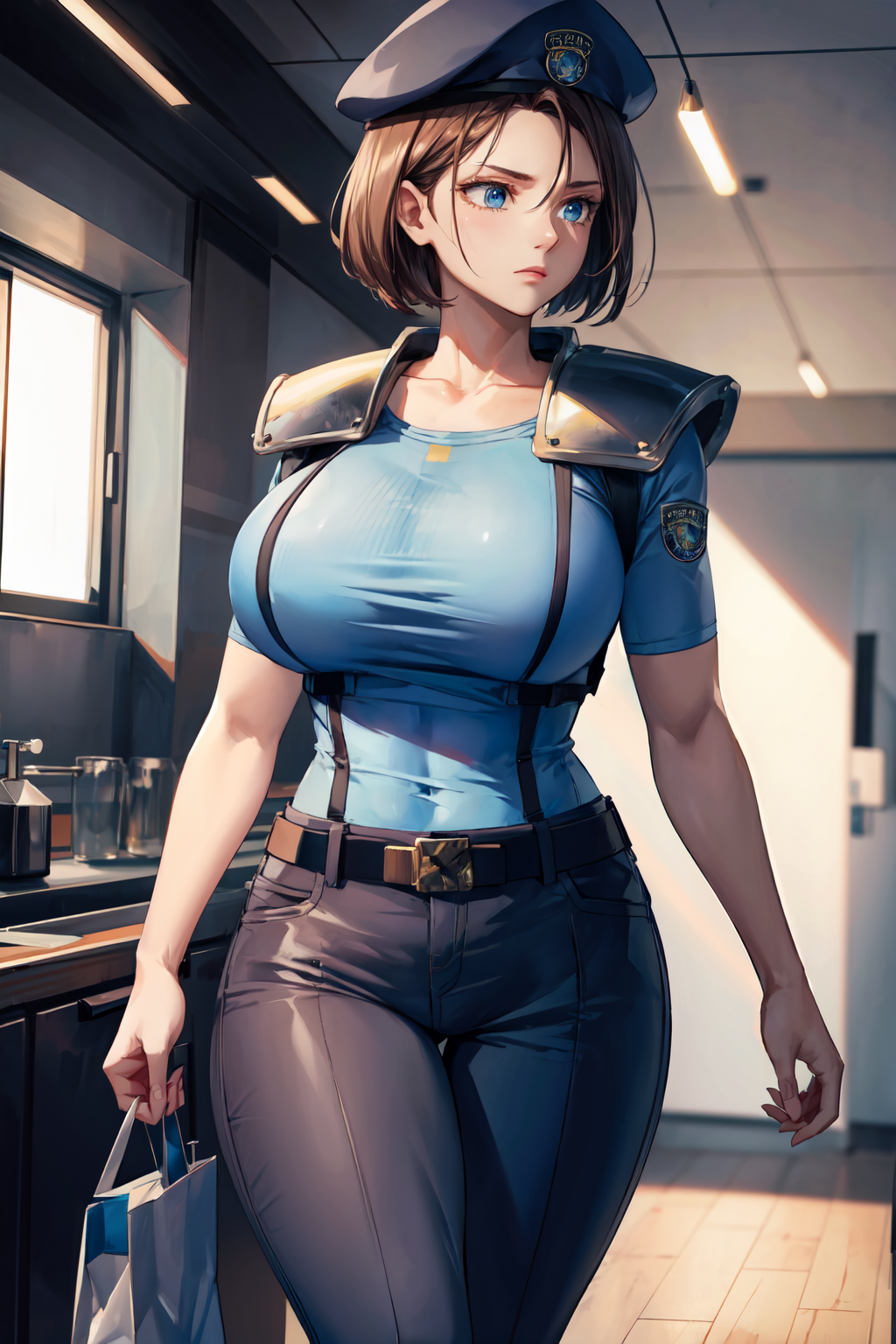 1girls ai_generated athletic_female belt big_breasts blue_eyes blurry_background breasts brown_hair capcom collarbone covered_navel female female_only holding_bag holding_object indoors inside jill_valentine laboratory large_breasts looking_away pants pauldrons police_uniform resident_evil serious short_hair stars_uniform stretched_clothing tampopo tight_clothing uniform walking