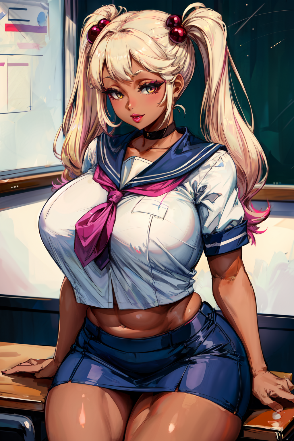 1girls ai_generated bimbo bimbo_body blonde_hair brown_eyes choker classroom dark_skin dyed_hair female gyaru gyaru_gal hair_ornament indoors inside long_hair looking_at_viewer midriff miniskirt navel pigtails pink_lipstick pink_tie school_uniform serafuku short_skirt sitting smile stable_diffusion tampopo thick_thighs tie twintails