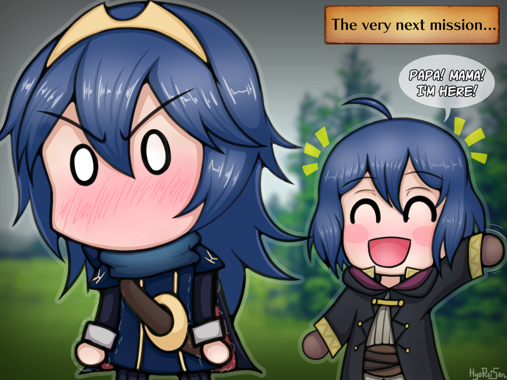 2girls :d angry annoyed blush blush_stickers chibi closed_eyes daughter embarrassed english_text female female_only fire_emblem fire_emblem_awakening happy heavy_blush hyoreisan lucina_(fire_emblem) morgan_(fire_emblem) morgan_(fire_emblem)_(female) mother mother_and_daughter mouthless multiple_girls nintendo no_mouth outdoors text