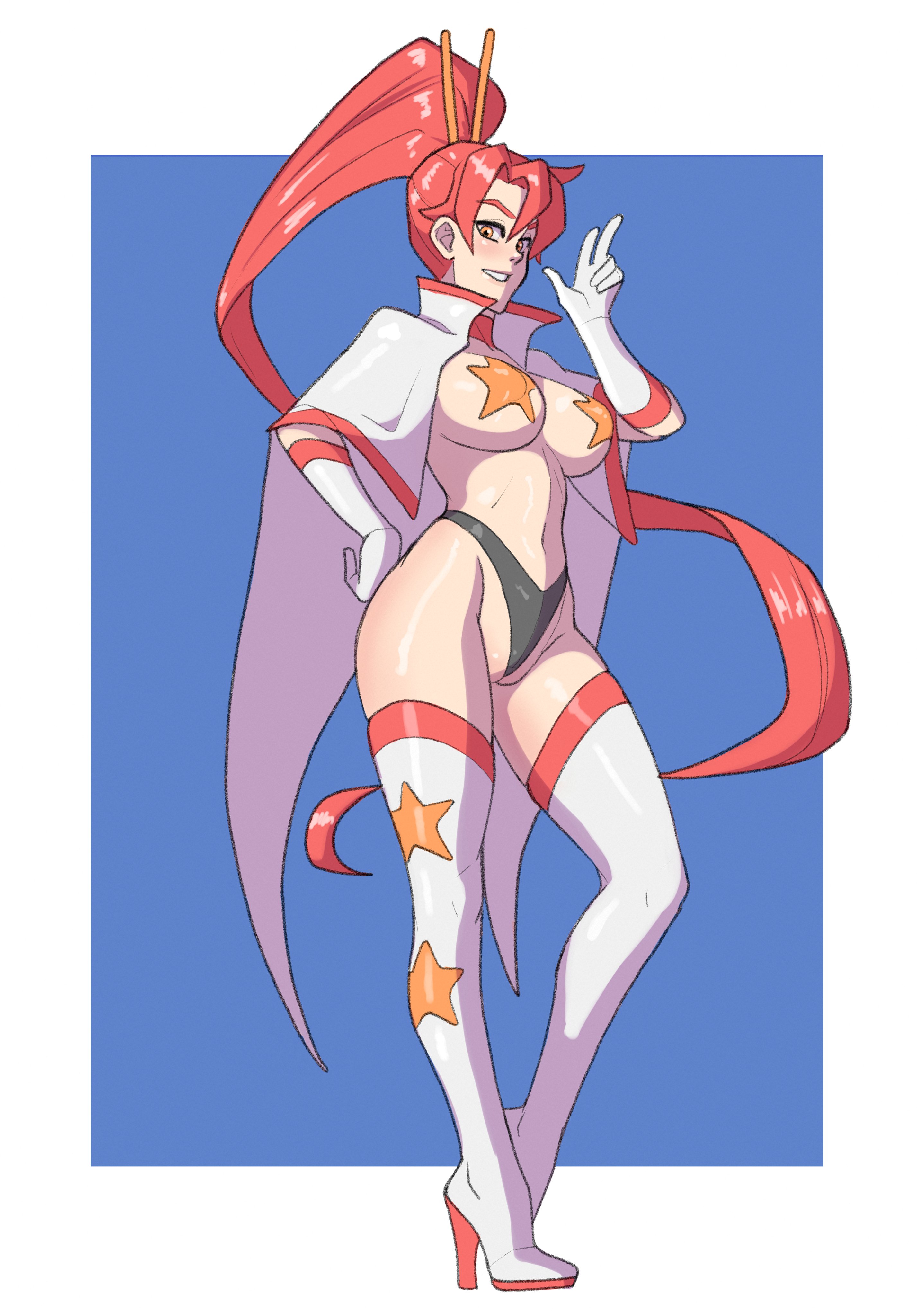 1girls, armwear, big breasts, black thong, breasts, female, female only, footwear, fuck me boots, full body, hair, hand on hip, heels, high heel boots, high heels, hips, king0fghouls, legs, legwear, pasties, ponytail, red hair, solo, solo female, space yoko, star pasties, stiletto heels, tengen toppa gurren lagann, thick thighs, thigh boots, thighs, thong, very high heels, white thighhighs, yellow eyes, yoko littner