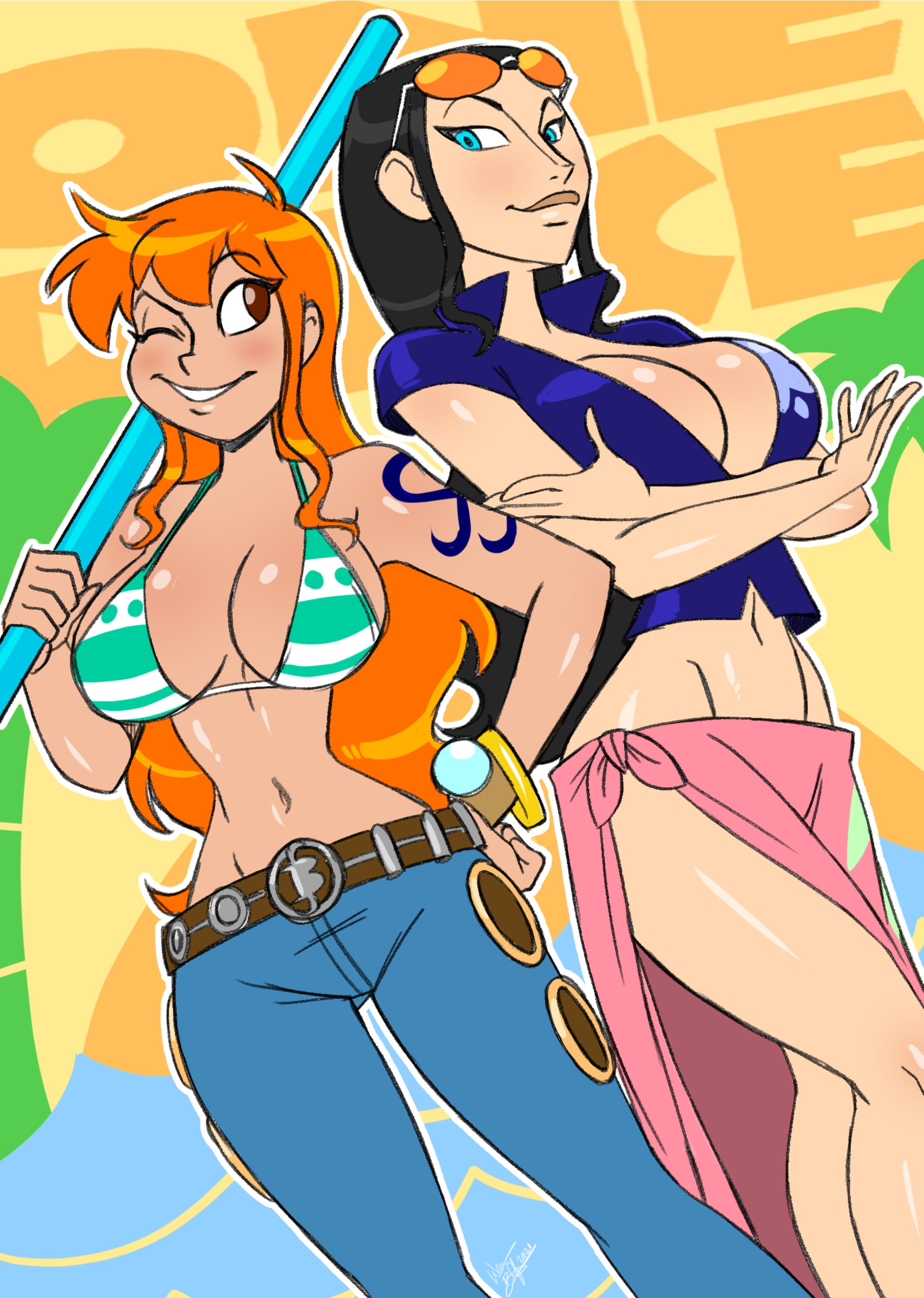 2girls, aeolus06, arm tattoo, bare legs, bare shoulders, bare thighs, belt, big breasts, bikini, black hair, black-haired female, blue eyes, blue tattoo, blush, bra, bracelet, breasts, clothed, clothing, color, eye closed, female, female focus, female only, hi res, jeans, large breasts, light skin, light-skinned female, long hair, looking at another, nami (one piece), nico robin, no bra, one piece, orange eyes, orange hair, orange-haired female, post-timeskip, sarong, shounen jump, solo female, striped bikini, sunglasses, sunglasses on head, tagme, tattoo, thick thighs