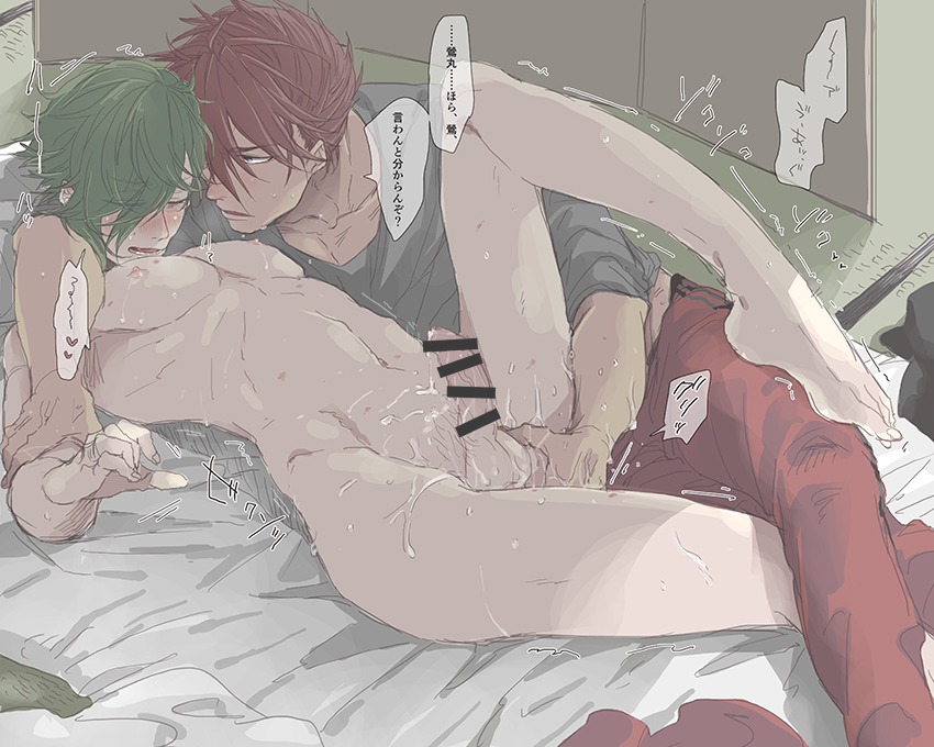 anal_fingering blush breath clothed_male_nude_male fingering green_hair hair_over_one_eye nipples nude ookanehira_(touken_ranbu) pectorals red_hair spiked_hair uguisumaru wavy_hair yaoi