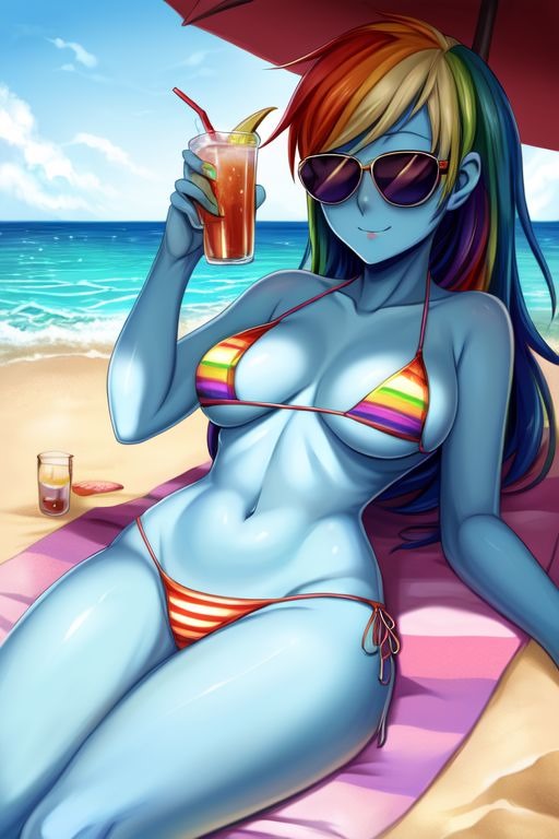 ai_generated beach big_ass bikini blue_skin boobs cooler curvy drink huge_boobs huge_breasts human humanoid massive_breasts medium_breasts rainbow_bikini rainbow_dash_(eg) rainbow_dash_(mlp) rainbow_hair relaxing sea smile sunglasses thick_thighs tinted_eyewear tits towel umbrella