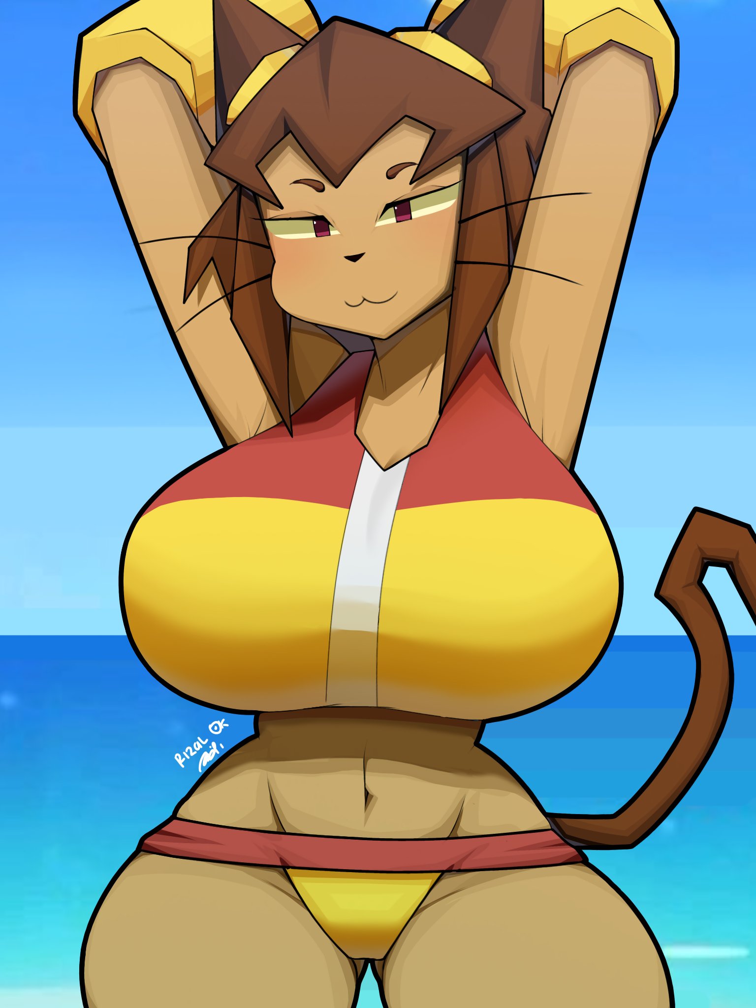 1girls, animal ears, arms up, beach, big breasts, bikini, blunt bangs, breasts, brown hair, cat ears, cat tail, catgirl, cowboy shot, furry, gameoverse, glitch productions, huge breasts, kit (gameoverse), kit bodega, navel, purple eyes, solo, swimsuit, tagme, tail, thick thighs, thighs, wide hips