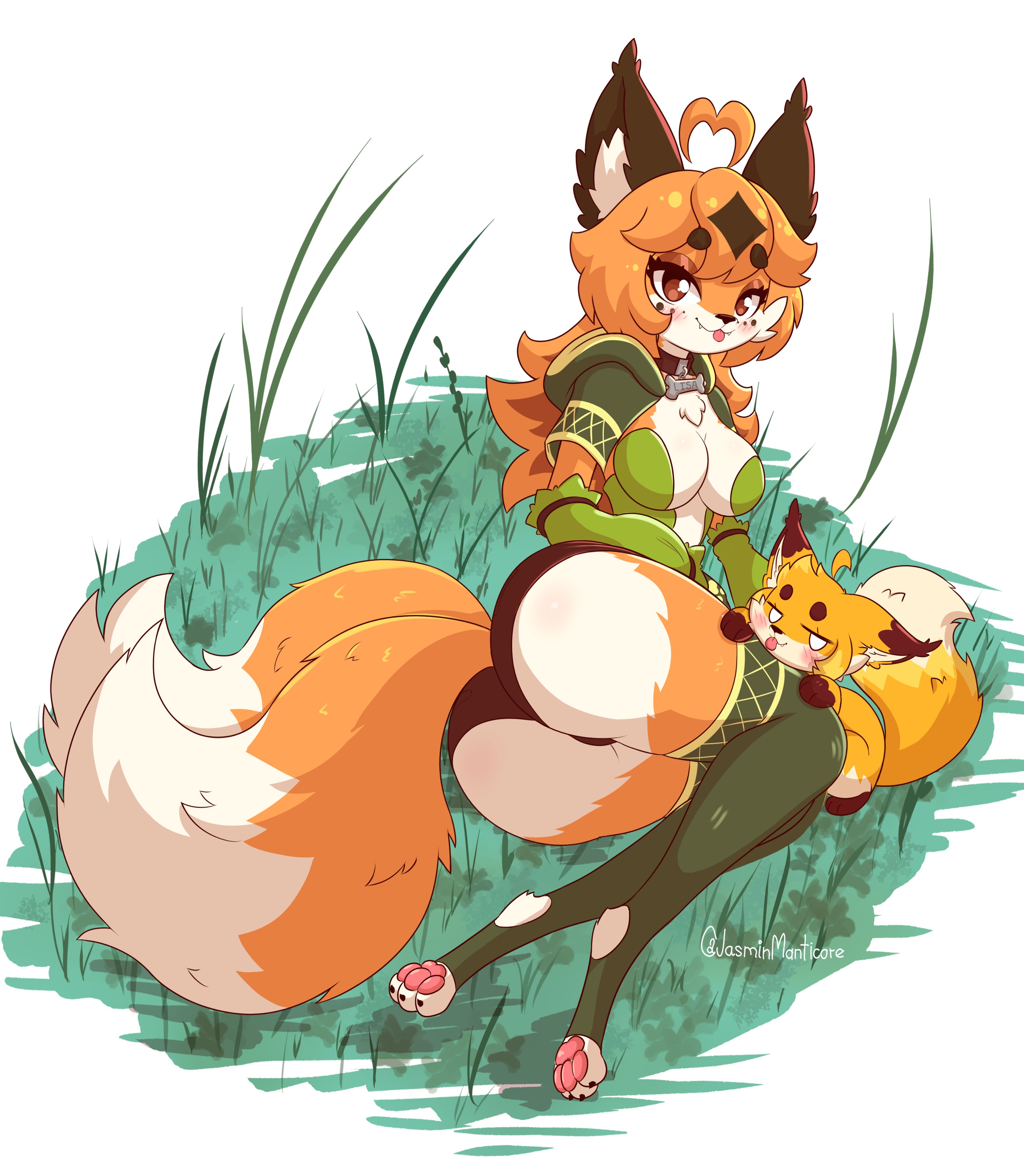 2girls, ass, ass focus, breasts, fat ass, female, fox, furry, furry tail, jasminthemanticore, kitsune, lisa (jasminthemanticore), plump ass, presenting hindquarters, round ass, shorts, thick thighs