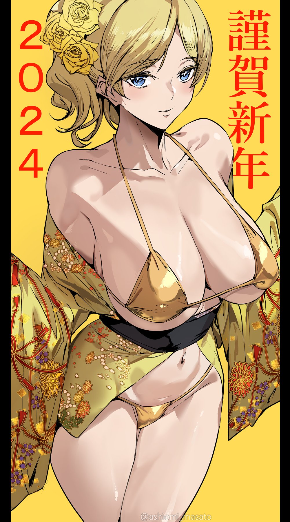 1girls ashiomi_masato bikini blonde_hair cleavage guilty_gear kimono large_breasts looking_at_viewer millia_rage standing yellow_background