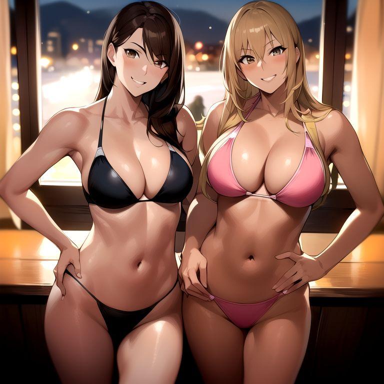 2girls ai_generated ai_mirror belly_button big_breasts black_underwear blonde_hair blush brown_eyes brown_hair curtains dark_skin hands_on_hips long_hair looking_at_viewer medium_breasts mischievous_look mischievous_smile pink_underwear smile together underwear white_skin window wooden_wall