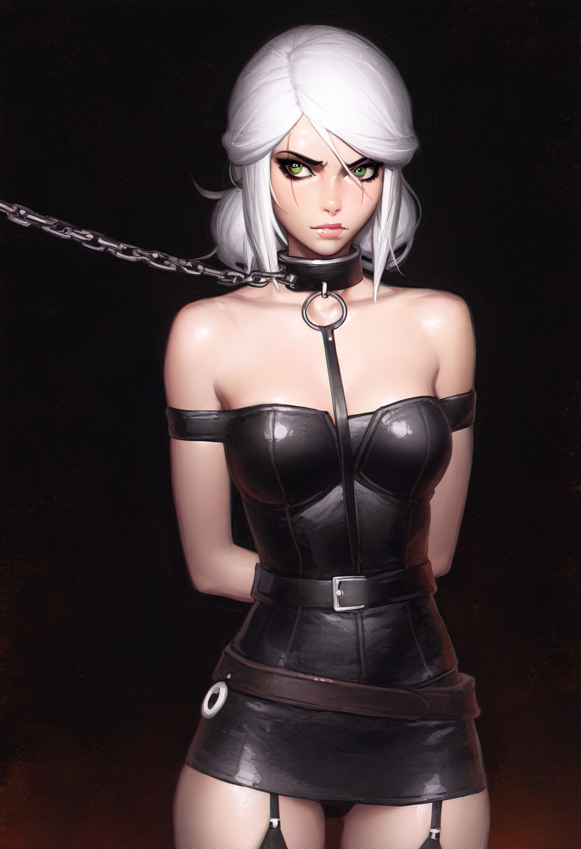 ai_generated angry_face captured ciri clothing collar female female green_eyes latex light-skinned_female slave solo talo the_witcher_(series) the_witcher_3:_wild_hunt white_hair