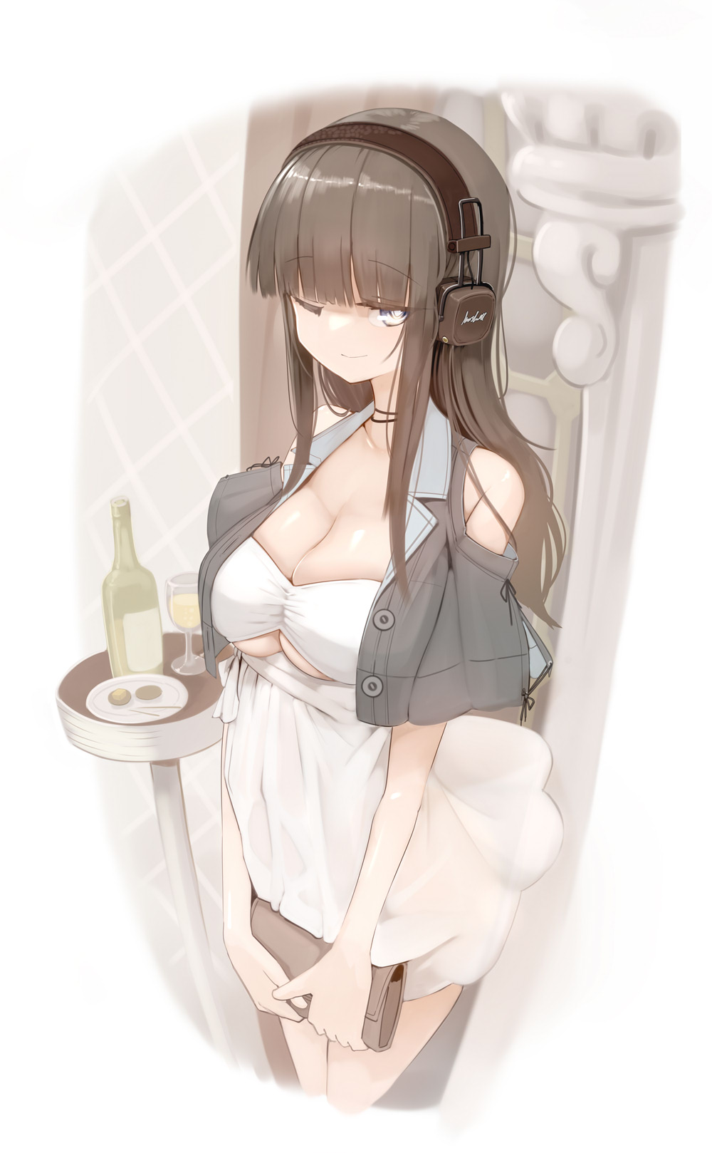 big_breasts blunt_bangs dark_hair genek headset long_hair looking_at_viewer miniskirt one_eye_closed open_jacket see-through_clothing skirt teenager thighs tight_clothing underboob