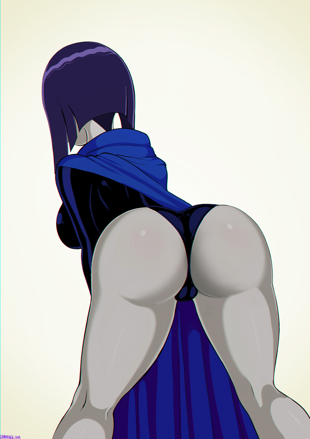 1girls, alternate breast size, ass, ass focus, ass out, back view, barely covered, bent over, big breasts, bimbo, breasts, bubble ass, bubble butt, butt focus, cloak, clothing, dc, dc comics, female, female only, grey skin, huge ass, large ass, large breasts, leotard, leotard pull, outerwear, presenting, presenting hindquarters, purple hair, rachel roth, raven (dc), shadman, short hair, sideboob, solo, standing, tagme, tease, teasing, teen titans, teenager, thick ass, wedgie