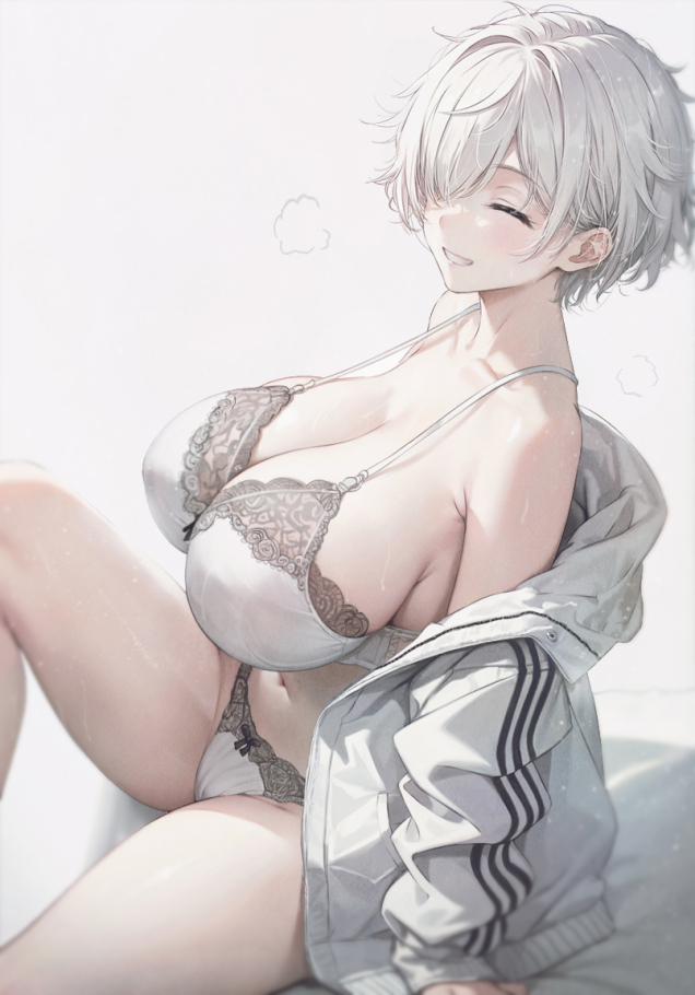 arm support, breasts, closed eyes, female, hair over one eye, huge breasts, kurotuki nn, lace trim, lingerie, messy hair, relaxing, short hair, sitting, sitting on bed, smile, thick thighs, tomboy, tomboy milf, white hair, wide hips