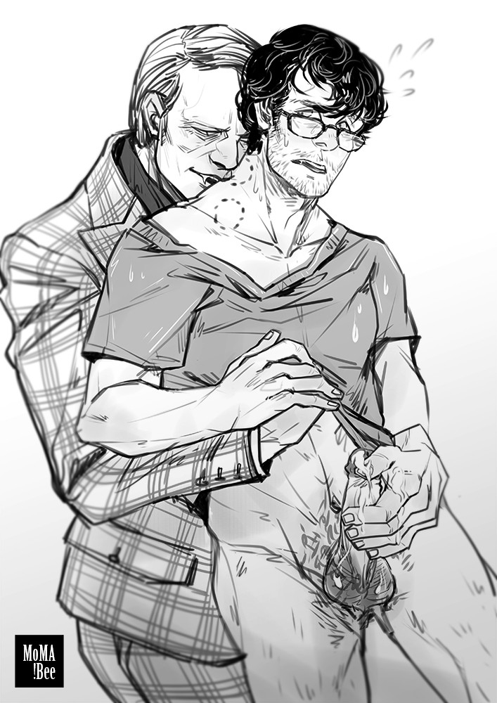 2boys bite bite_mark biting clothed clothing cum cumming dark_hair erection fangs gay glasses half-dressed handjob hannibal hannibal_lecter homosexual light_hair male male/male male_only nude penis stubble will_graham yaoi