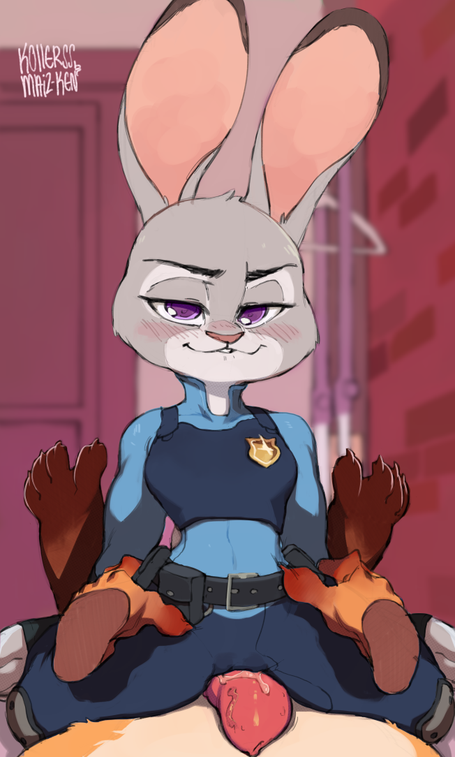 2017 anthro blush canine claws clothed clothing disney erection female fox grinding interspecies judy_hopps kollerss lagomorph maiz-ken male mammal nick_wilde penis police_uniform pussy_juice rabbit rubbing size_difference smaller_female straight uniform zootopia