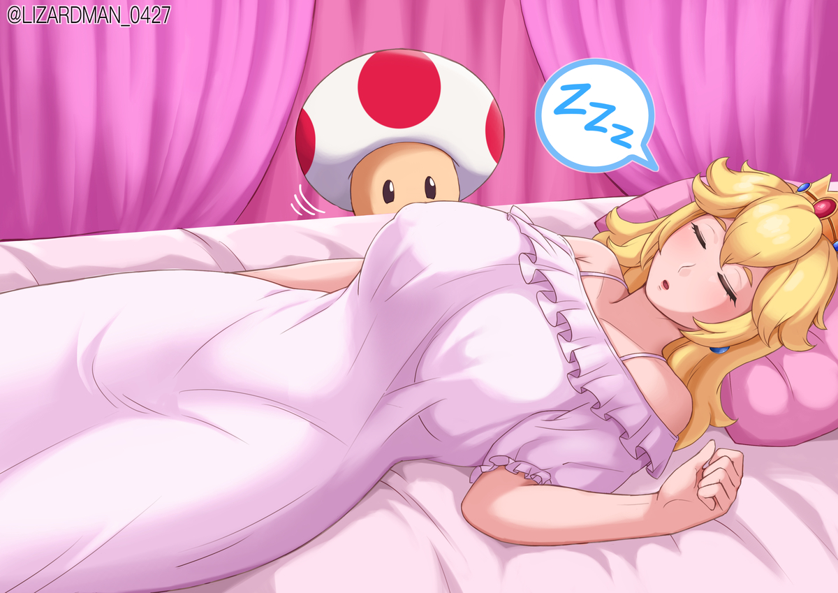 blonde female, blonde hair, blonde-haired female, breasts, clothed, clothed female, clothed male, clothing, female, large breasts, lizardman 0427, male, mario (series), nightgown, princess, princess peach, royal, royalty, sleeping, toad (mario)