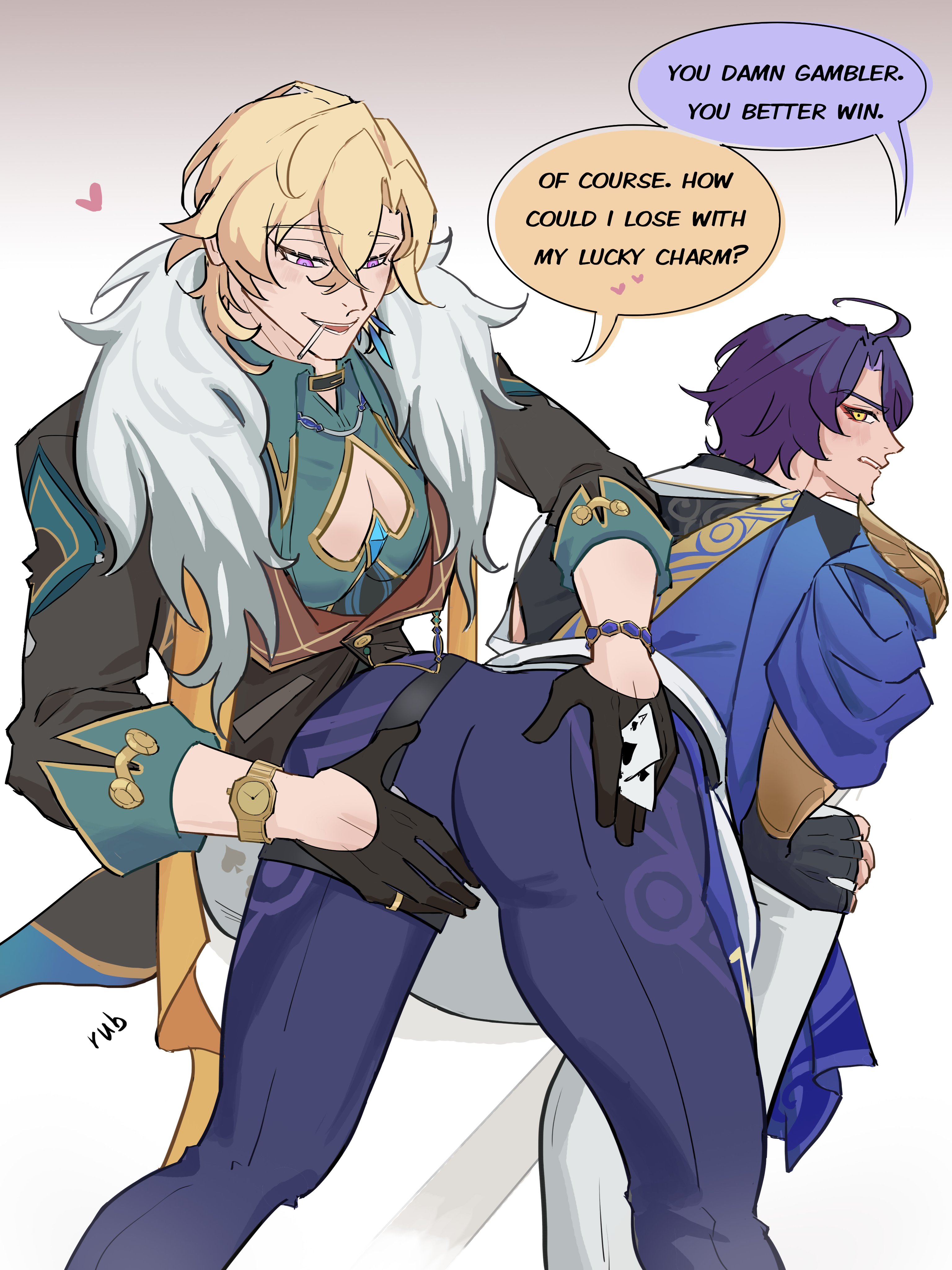 2boys, ass, ass focus, ass grab, aventurine (honkai: star rail), bent over, blush, dr. ratio (honkai: star rail), english text, gay, honkai: star rail, jojorice52, male, male only, male/male, muscular, muscular male, rubbing, tagme, yaoi