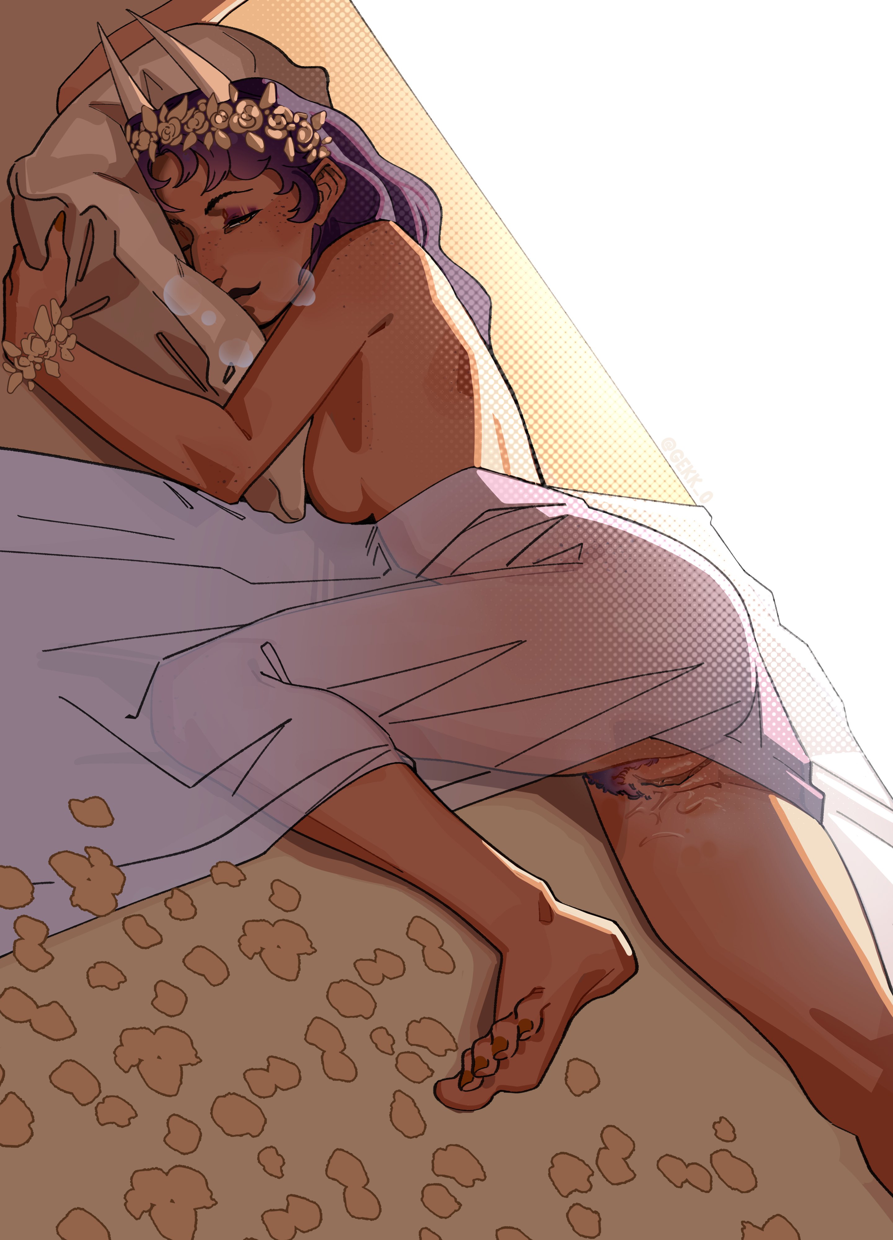 1girls, breasts, dark skin, dark-skinned female, feet, female, female only, flower crown, freckles, gekk 0, horns, lying, medium breasts, nude, on stomach, pillow, pubic hair, purple hair, pussy, pussy juice, sleepy, small breasts, solo, waking up