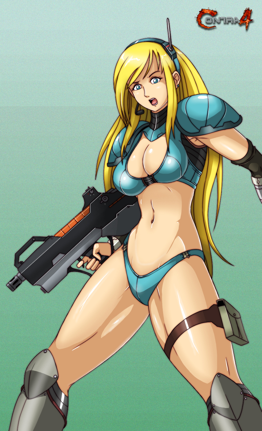 1990s_(style) 1girls alluring armor bikini bikini_armor blonde_hair blue_eyes boots breasts bullpup contra contra_4 contra_hard_corps copyright_name deadmoon_(kein2002) earrings female female_only game_console gun headgear headset high_res jewelry konami long_hair machine_gun retro_artstyle revealing_clothes rifle science_fiction sega_mega_drive sheena_etranzi skimpy_clothes stockings swimsuit video_game weapon