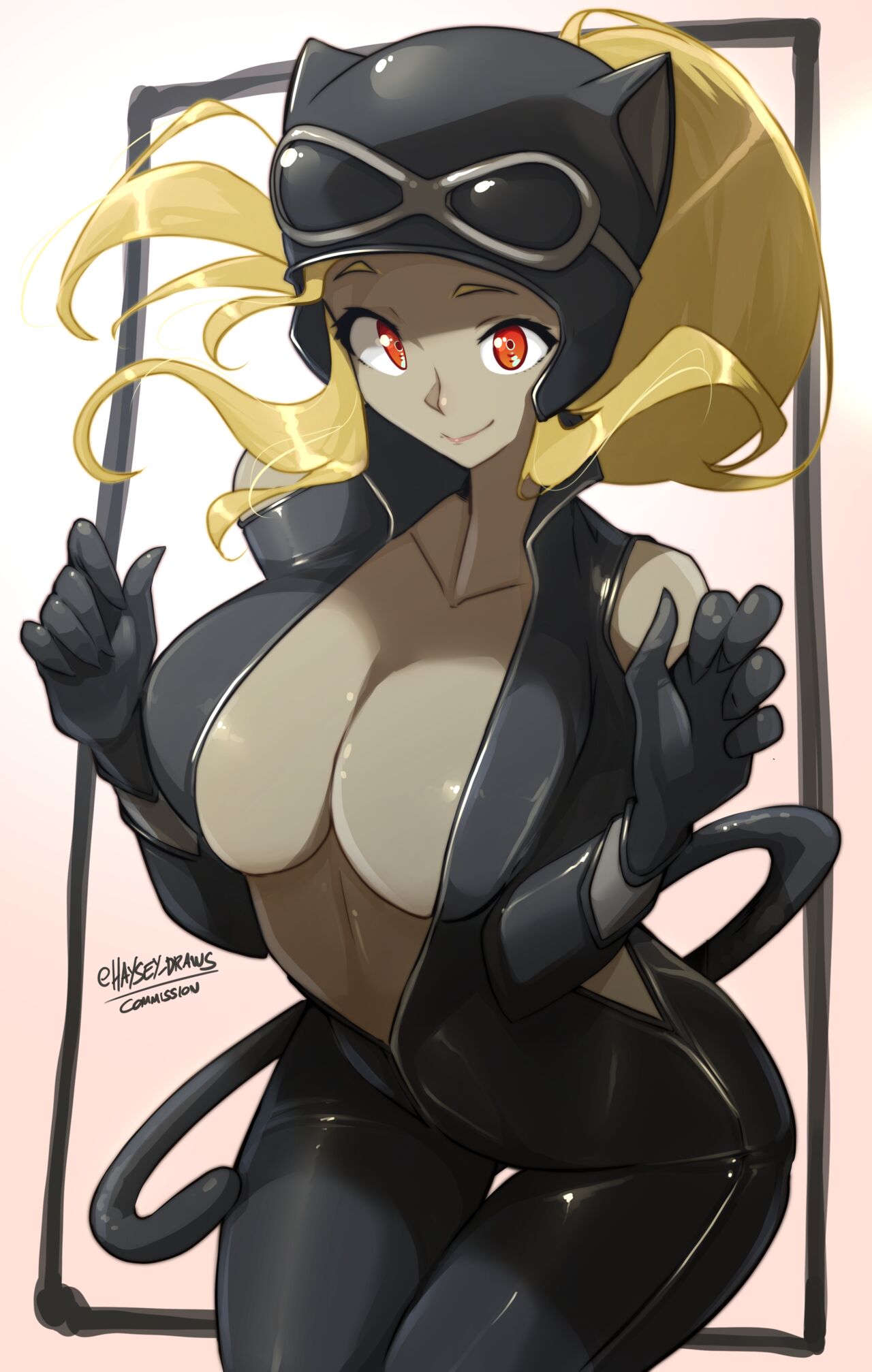 alternate_breast_size big_breasts blonde_female cat_tail catgirl catsuit cleavage dark-skinned_female fake_animal_ears gravity_rush haysey_draws kat_(gravity_rush) latex latex_bodysuit leather leather_bodysuit leather_clothing