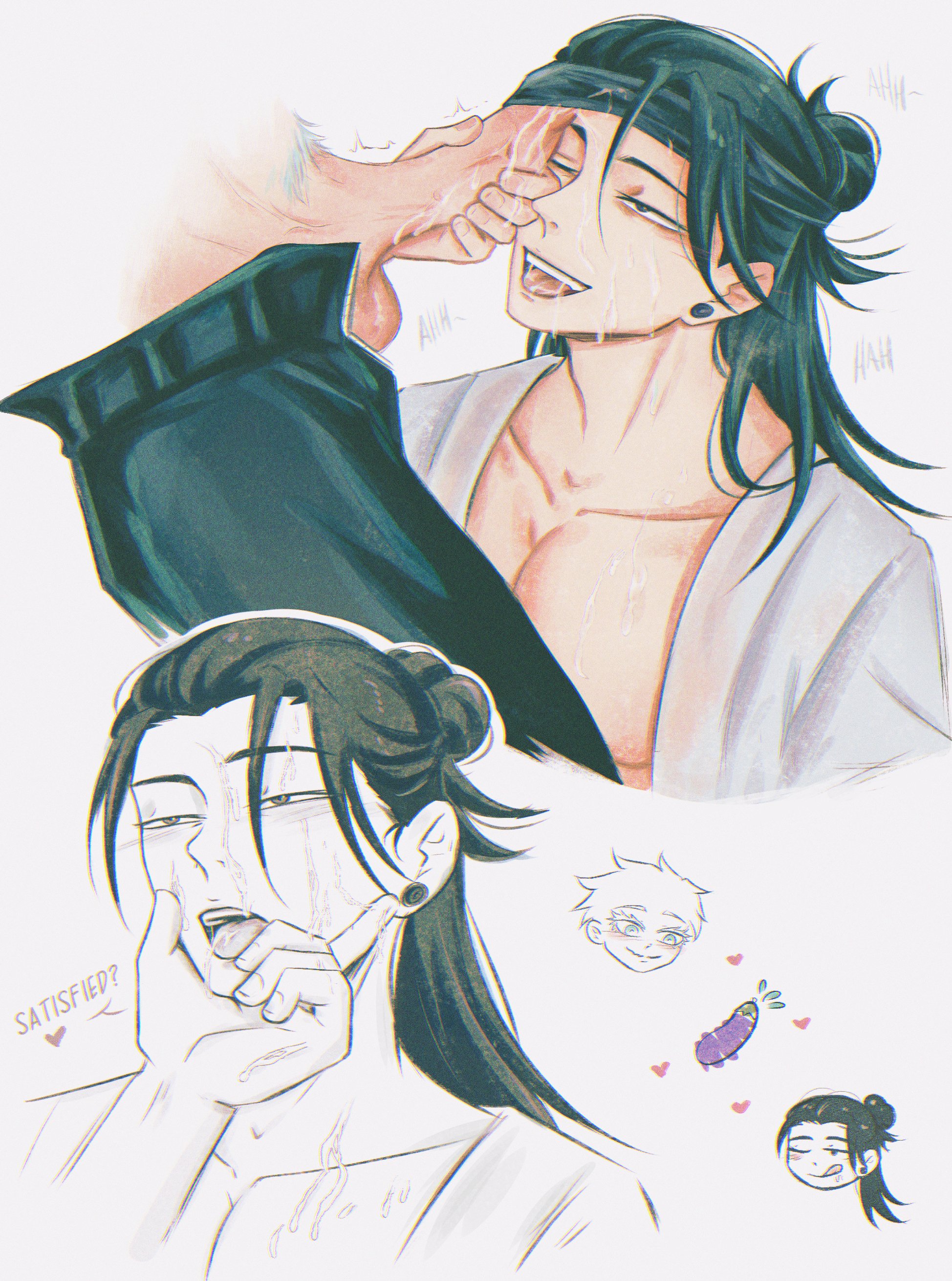 balls, balls grab, bandage, big breasts, black hair, blowjob, blush, breasts, color, cum in mouth, cum on breasts, cumshot, earrings, english text, fuck me eyes, hands on face, jujutsu kaisen, looking at partner, male, male only, male/male, masturbating during fellatio, masturbation, open mouth, oral, oral sex, orgasm, penis, pubic hair, rubbing, satoru gojo, sucking penis, suguru geto, testicles, tongue, uncensored, veiny penis, white hair, xo romiiarts