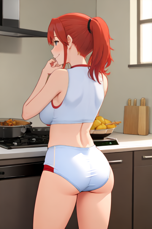 ai_generated anatomically_correct ass athletic_female back_view cooking cute female no_pants presenting_butt red_hair smile tiny_body weeb_ai