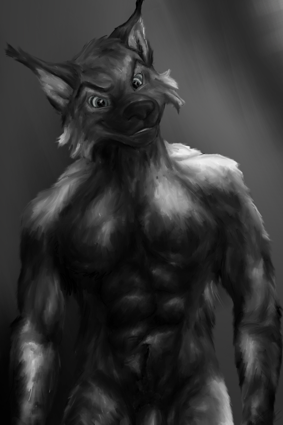 2016 abs anthro black_fur black_nose feline fur grey_background grey_fur half-erect humanoid_penis killian killianwalker lynx male male_only mammal monochrome muscular muscular_male penis portrait simple_background solo standing