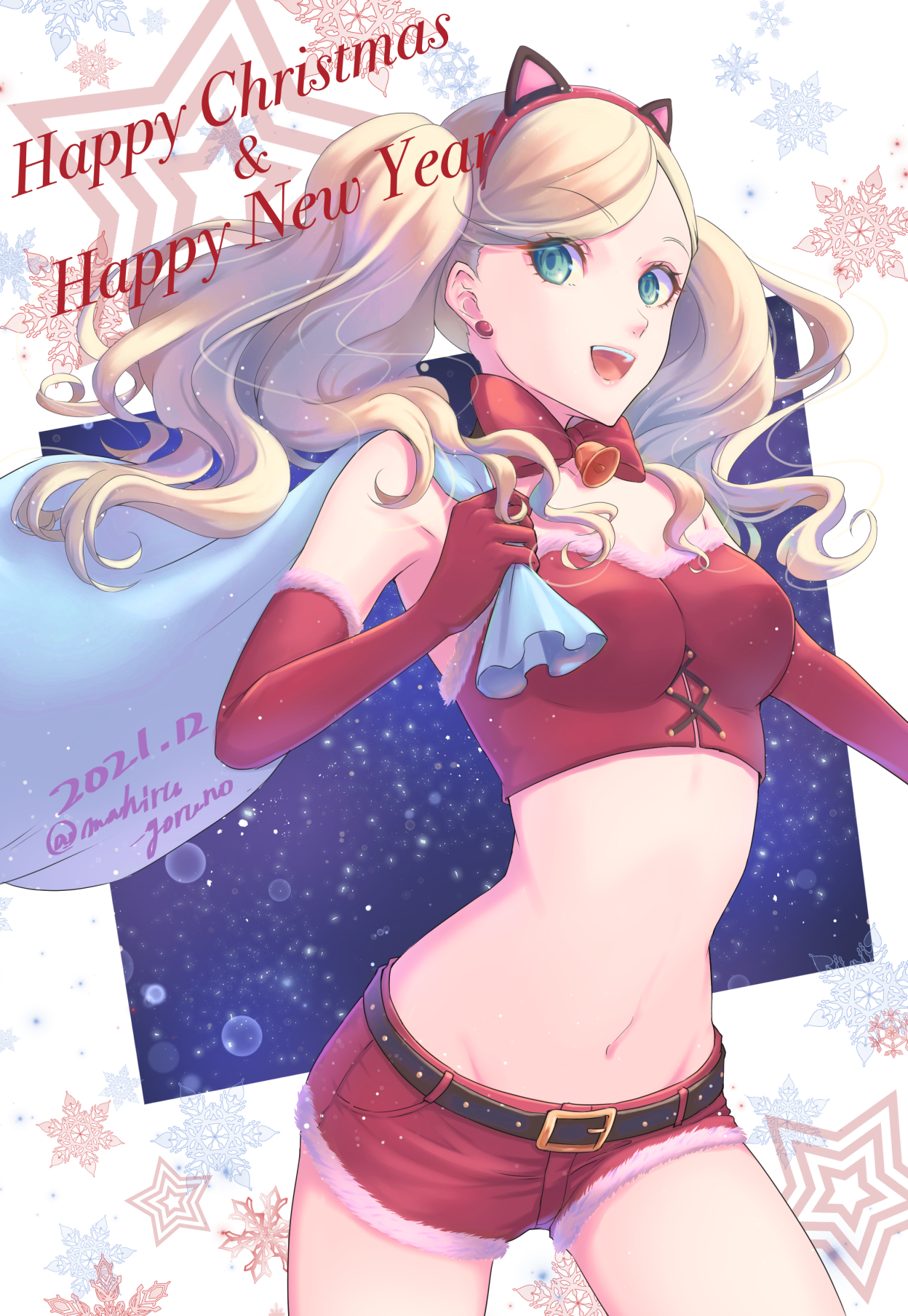 1girls, ann takamaki, bell, belt, blonde hair, blue eyes, bowtie, breasts, bustier, cat ears, christmas, earrings, elbow gloves, fake animal ears, female, gloves, large breasts, looking at viewer, midriff, navel, neck bell, persona, persona 5, red shorts, santa costume, shorts, twintails, yoruno mahiru