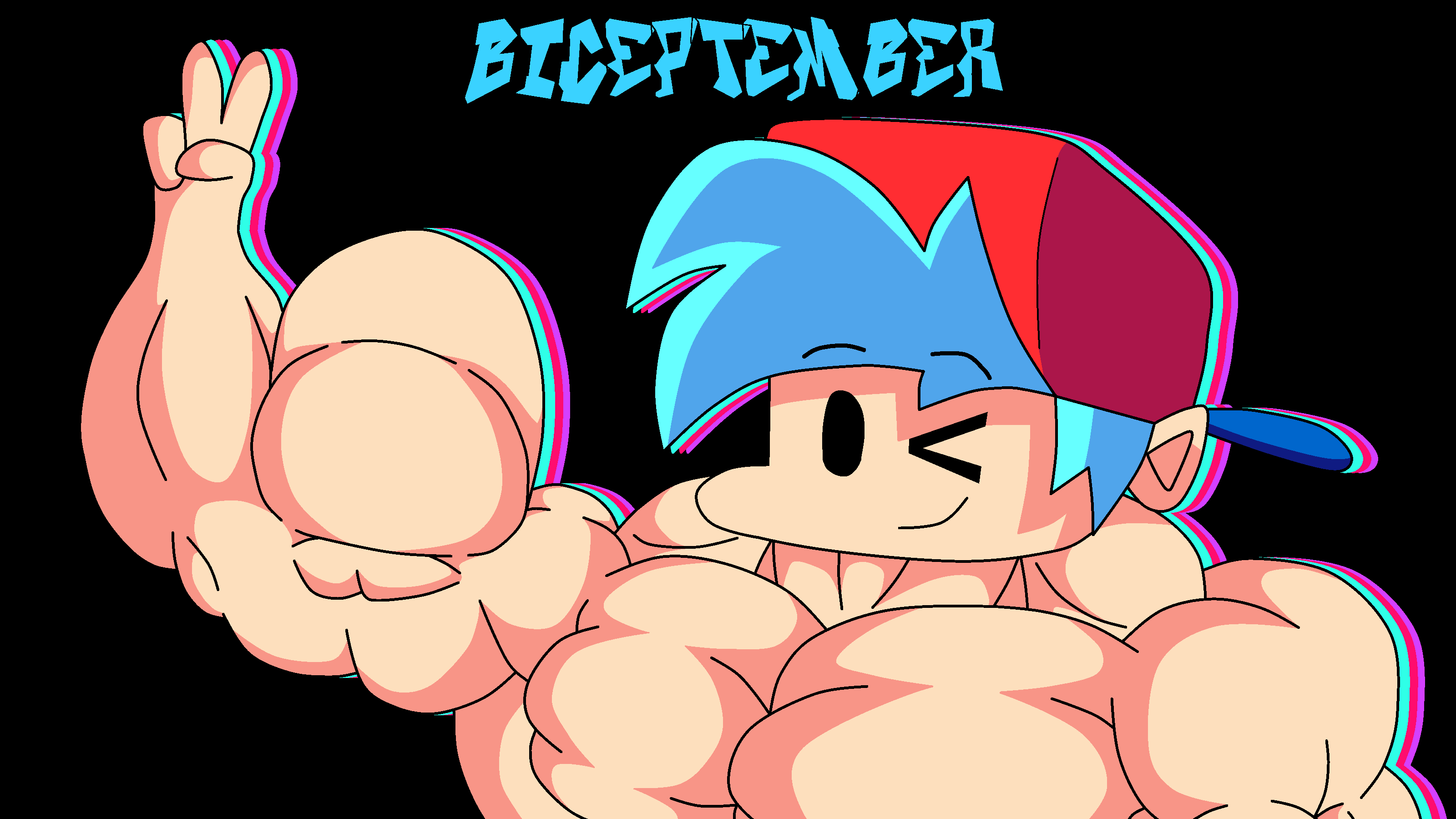 biceptember big_muscles bigger_male blue_hair blue_text boyfriend_(friday_night_funkin) english_text flexing_bicep fnf friday_night_funkin huge_muscles huge_pecs jthestronk looking_at_viewer muscular_male red_cape smiling text