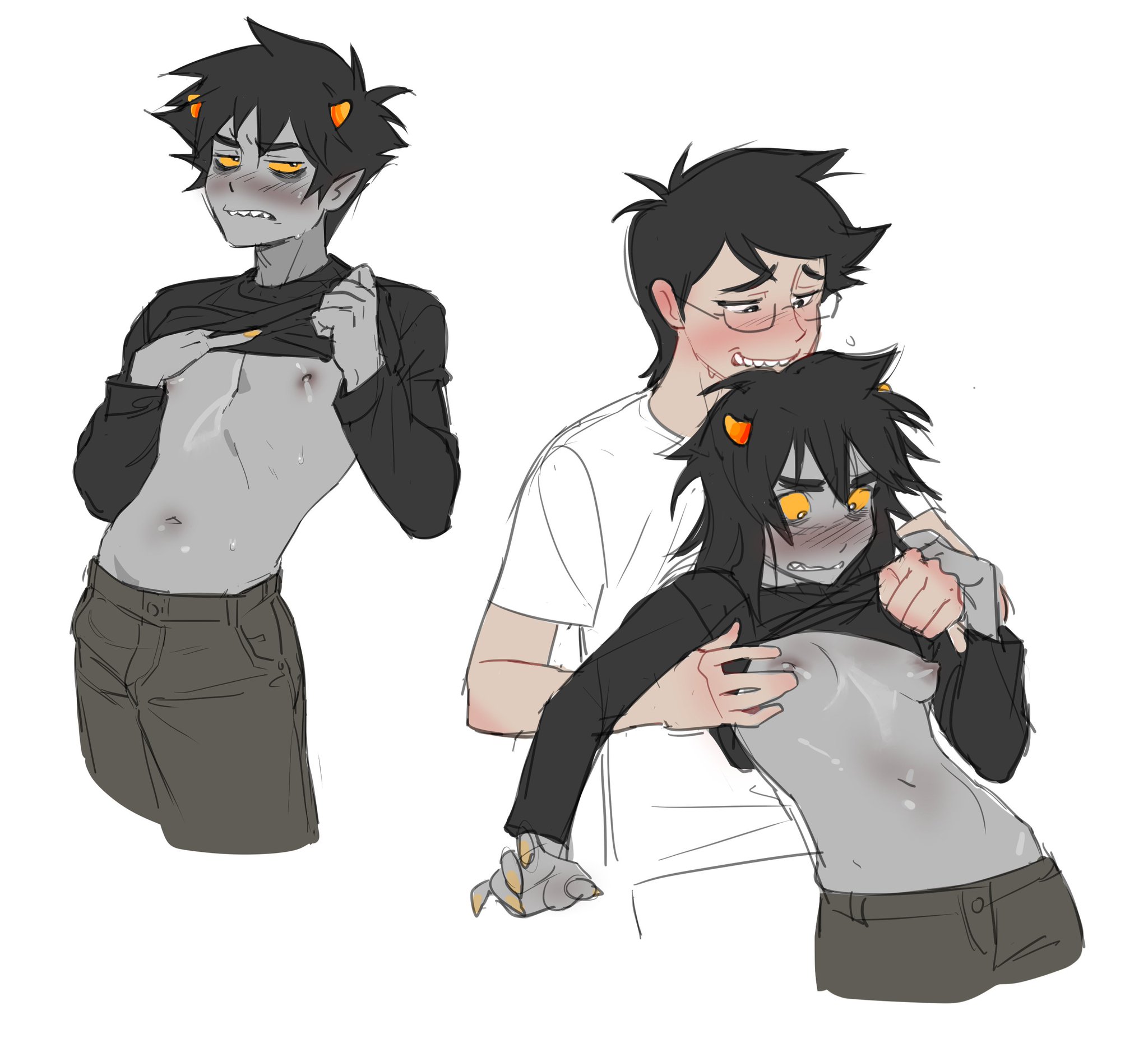 1girls, 2boys, black hair, blush, blush lines, blushing, breast grab, breasts, embarrassed, female, gay, gay male, genderswap, genderswap (mtf), glasses, grey body, grey skin, hi res, homestuck, horns, john egbert, karkat vantas, lacryboy, light skin, light-skinned male, male, male/male, ms paint adventures, navel, rule 63, shirt lift, small breasts, teeth clenched, touching breast, troll, white background, yaoi