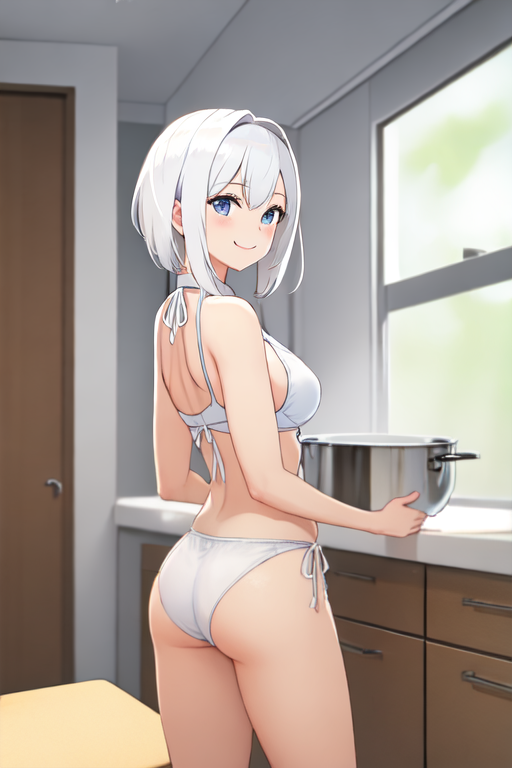 ai_generated anatomically_correct ass athletic_female back_view cooking cute female no_pants presenting_butt smile tiny_body weeb_ai white_hair