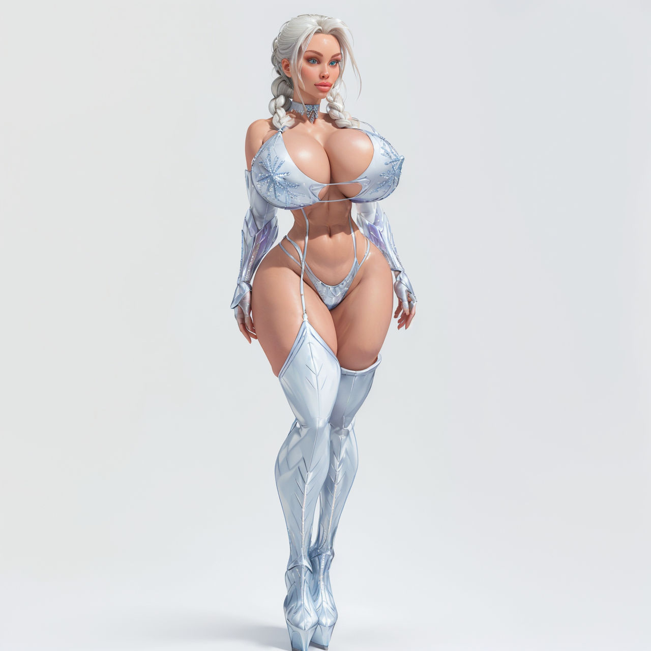 ai_generated athletic_female bimbo blue_eyes breasts_bigger_than_head caphalorthrow choker fake_breasts female_only gigantic_breasts high_heels huge_breasts huge_lips long_hair one_female one_girl platform_heels standing thighhighs white_hair