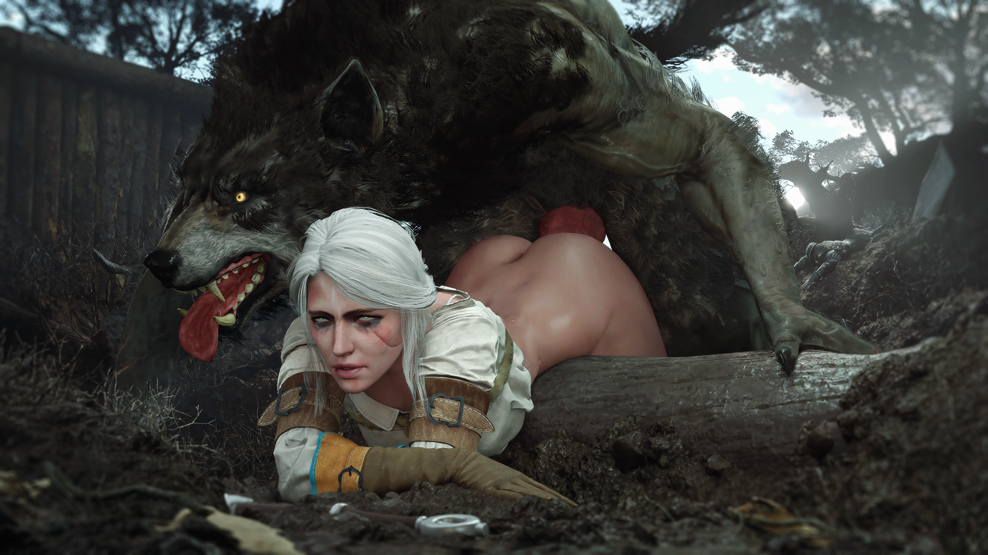 1boy, 1girls, 1monster, 3d, 3d (artwork), ambiguous penetration, anthro, anthro dominating human, anthro on human, anthro penetrating, anthro penetrating human, athazel, bent over, big penis, brown gloves, canine, canine on human, canine penis, cd projekt red, ciri, emile (theviceart), female, female penetrated, from behind position, gloves, green eyes, huge cock, human on anthro, interspecies, knot, large penis, male, male penetrating female, monster, monster cock, monsterfucker, monsterfucking, on ground, penis, sex, straight, the witcher (series), the witcher 3: wild hunt, tied hair, werewolf, white hair, wolf