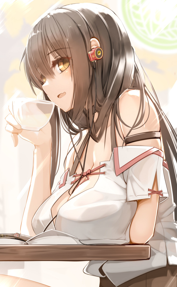 big_breasts black_hair breasts_squeezed_together brown_eyes drinking genek long_hair looking_at_viewer on_table petite petite_body petite_female side_eye side_view teenager