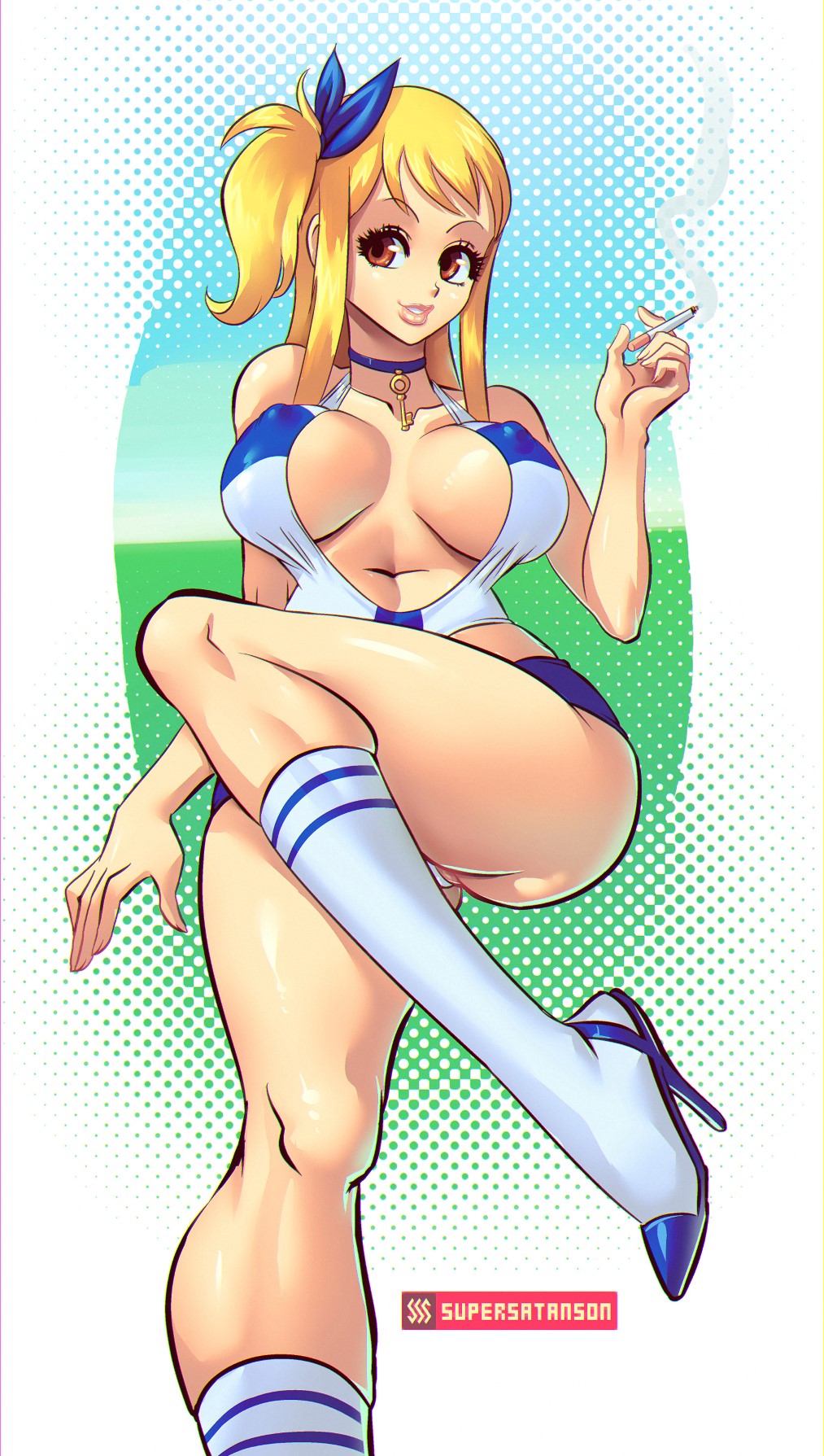 1girls, big breasts, bimbo, blonde hair, blonde-haired female, blue high heels, breasts, cigarette, cleavage, fairy tail, female, female only, high heels, large breasts, lucy heartfilia, panties, solo, supersatanson