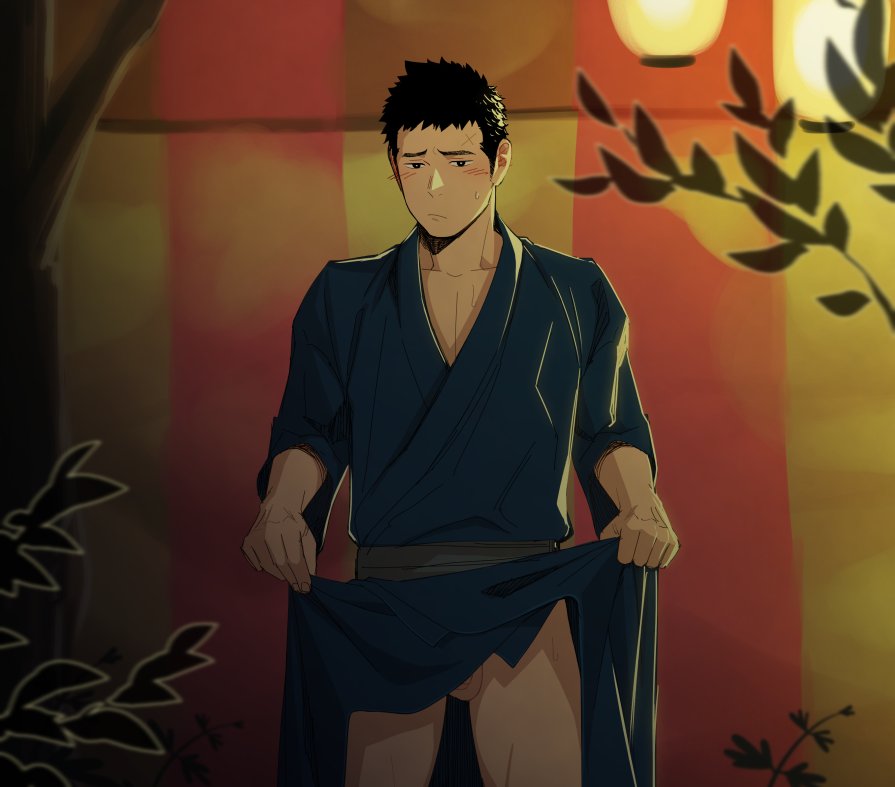 1boy balls bara black_eyes black_hair blush bottomless festival itto_(mentaiko) kimono kimono_lift looking_at_viewer male male_only no_underwear original outdoors penis presenting public robe scar solo sweat sweatdrop tagme testicles undressing