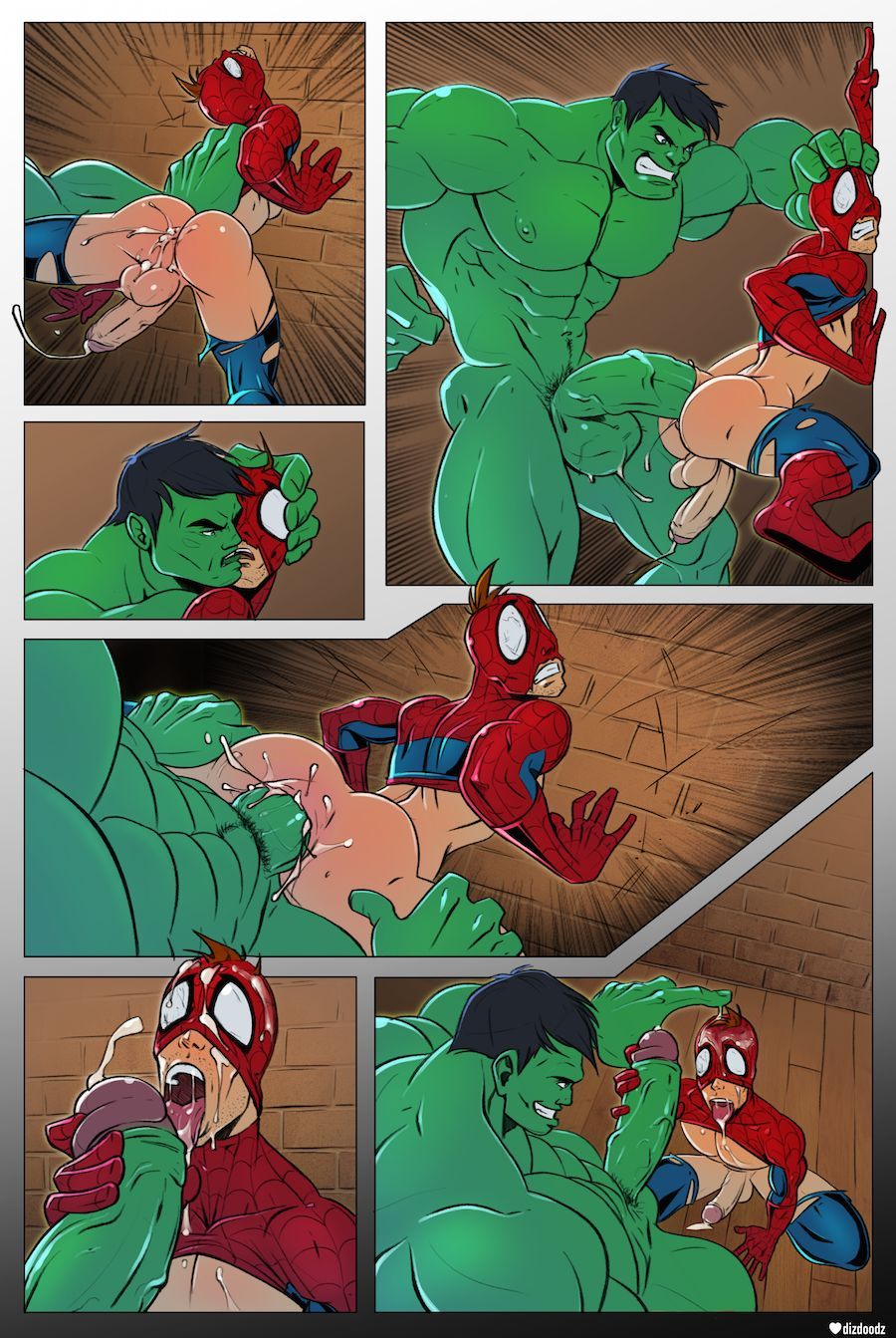 3boys, anal, anal penetration, anal sex, ass, balls, ballsack, bara, barazoku, black hair, brown hair, comic, dizdoodz, gay, gay male, gay sex, green skin, huge ass, hulk, hulk (series), impossible fit, kissing, licking penis, male, male only, male penetrating male, male/male, marvel, marvel comics, masked, masked male, no dialogue, oral, oral sex, peter parker, pounding, questionable consent, size difference, small waist, spider-man, spider-man (series), superhero, v-taper, venom (marvel), wide shoulders