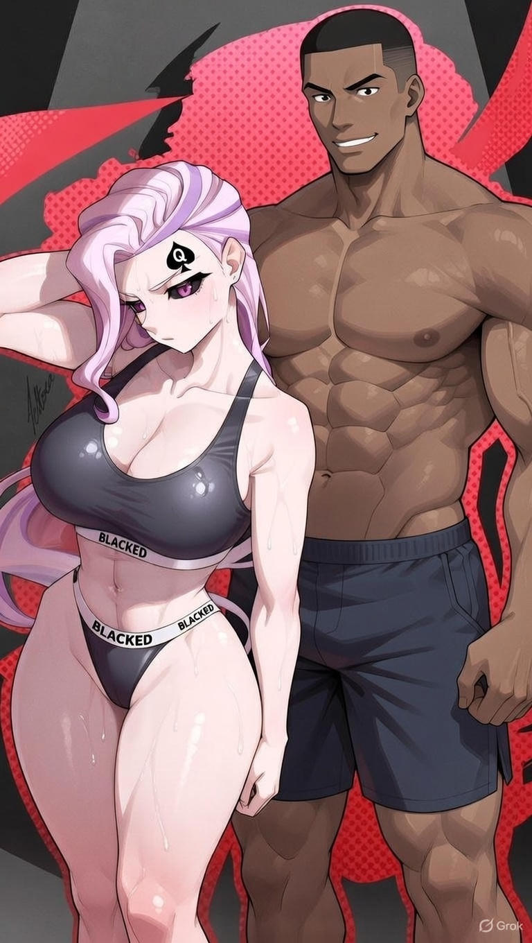 ai assisted, ai generated, black sclera, blacked, dark-skinned male, edit, huge ass, interracial, jujutsu kaisen, pink eyes, pink hair, queen of spades, uro takako