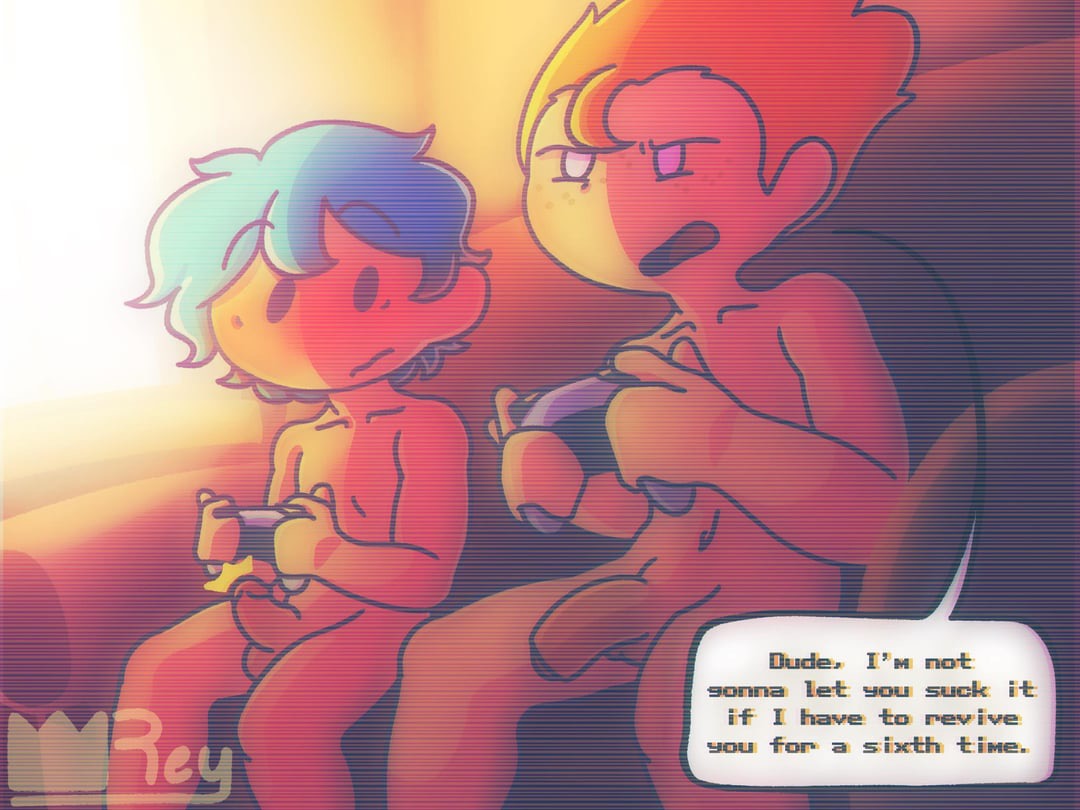 2026, 2boys, blue hair, blush, boner, boyfriend (friday night funkin), casual nudity, completely naked, completely naked male, completely nude, completely nude male, controller, couch, dialogue bubble, english text, erect penis, flaccid penis, friday night funkin, gaming, gay, naked, naked male, nude, nude male, orange hair, pico (newgrounds), reythecowboy (artist), staring, staring at penis, watermark, white skin