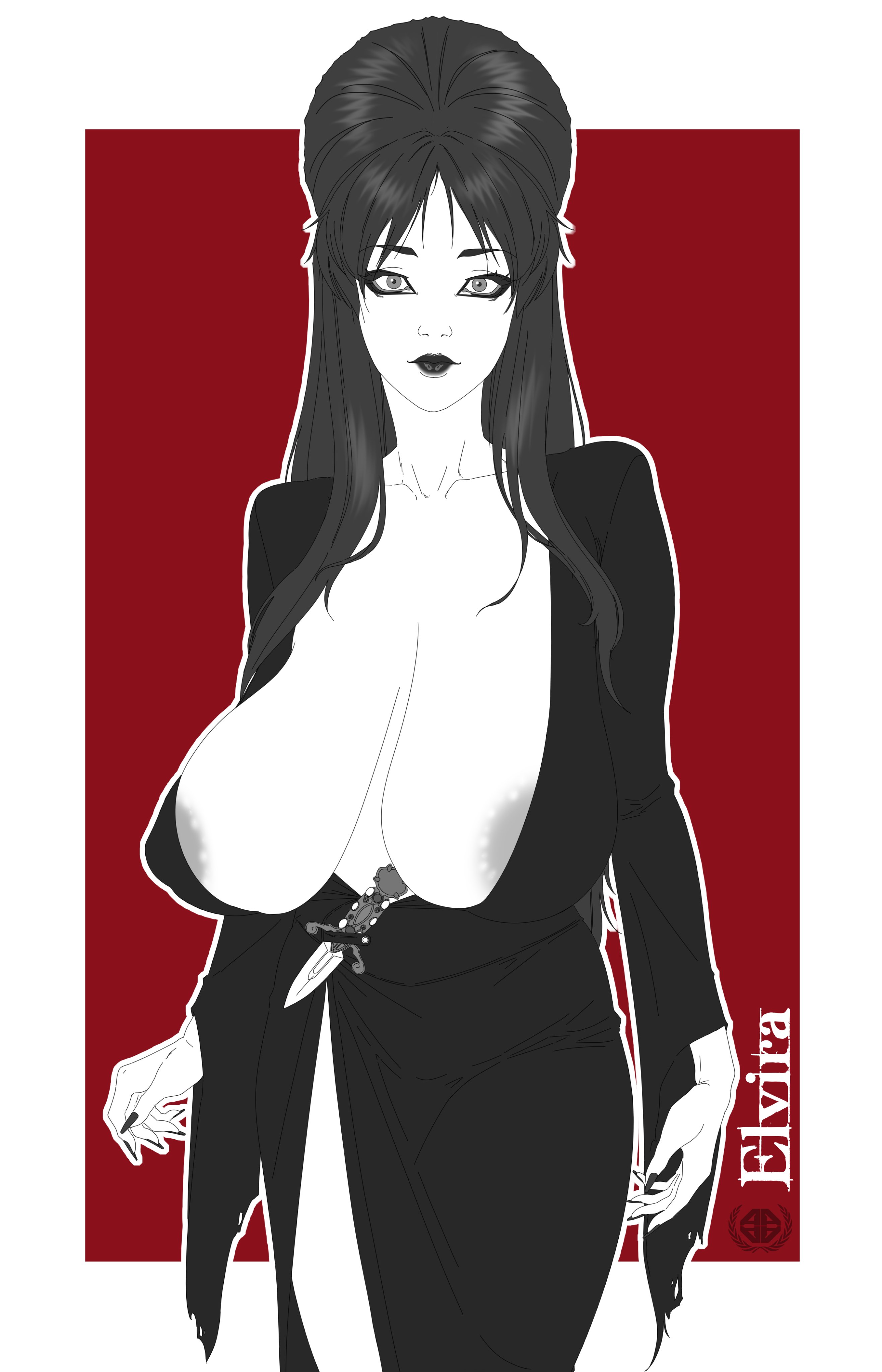 1girls, amaurymangaka, areola slip, big breasts, black hair, busty female, cassandra peterson, dress, elvira, elvira: mistress of the dark, female, huge breasts, large breasts, lipstick, long hair