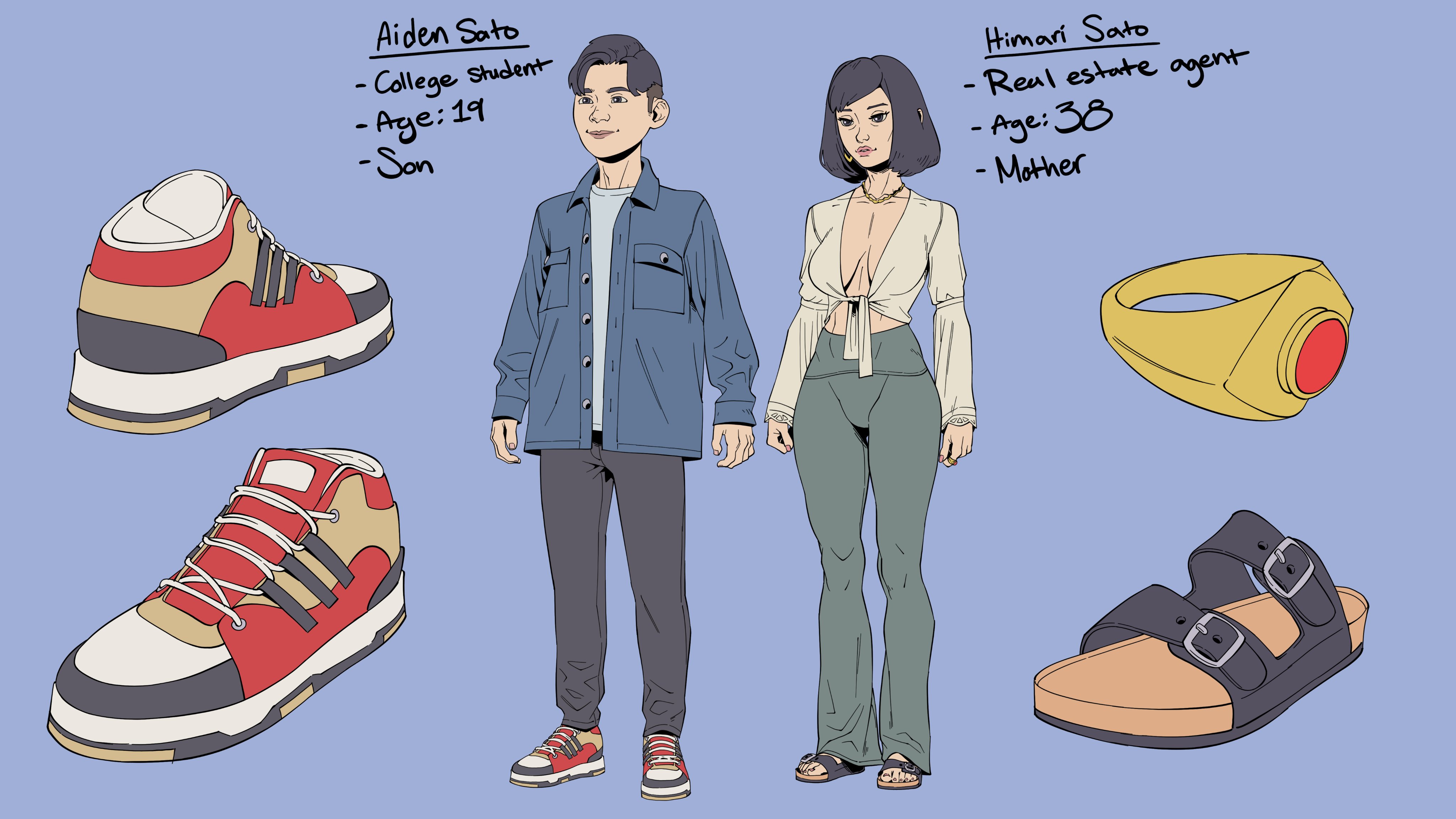 1boy, 1girls, 2025, 2d, age difference, aiden (pinkerlicious), asian, asian female, asian male, bangs, black hair, blue background, bob cut, casual, character name, character profile, character sheet, cleavage, cleavage cutout, cleavage window, crop top, duo, earrings, exposed chest, family, female, flat colors, fringe, fully clothed, gold jewelry, grey eyes, himari (pinkerlicious), hourglass figure, hourglass figured female, japanese, japanese female, japanese male, jewelry, male, mature, mature female, medium hair, midriff, midriff baring shirt, midriff peek, milf, mommy, mother, mother and child, mother and son, necklace, no background, no bra, oc, older female, older female and younger male, open clothes, open shirt, open toe shoes, open topwear, original, original character, painted nails, parent, parent and child, parent and son, pink nails, pinkerlicious, ring, sandals, sketch, smile, smiling, sneakers, standing, teen, teenage male, teenager, tied shirt, unfinished, younger male