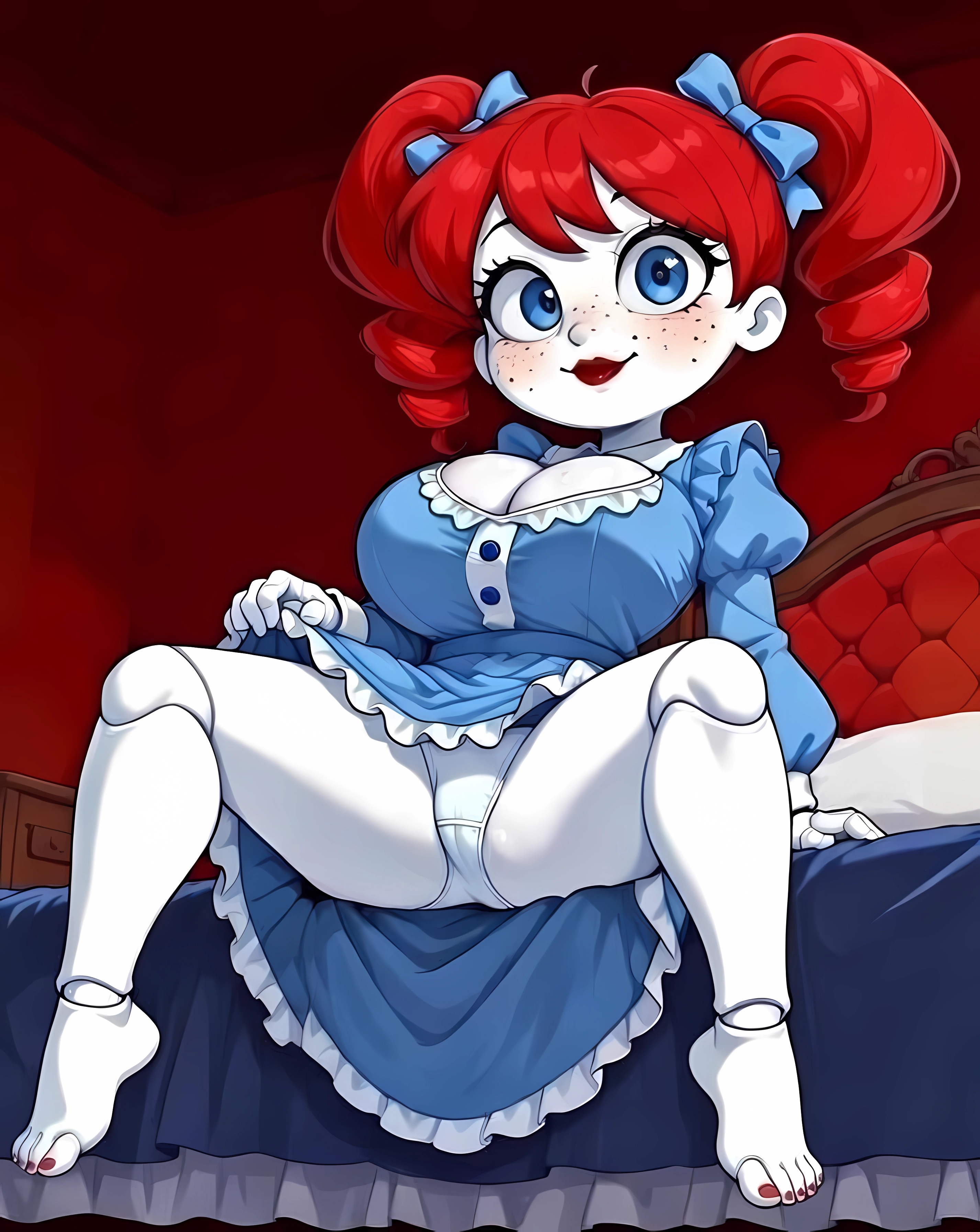 ai generated, ai-generated, animated inanimate object, apron, ball-jointed doll, barefoot, bedroom, blue bow, blue dress, blue eyes, blue ribbon, blush, breasts apart, cleavage, curvy, detailed background, doll girl, doll joints, feet, female, female only, freckles, freckles on face, frilled dress, frills, garter belt, garters, happy, highres, huge breasts, indoors, large breasts, lipstick, living doll, long hair, looking at viewer, maid, maid headdress, maid outfit, nail polish, nipples, no bra, on bed, open mouth, pale skin, panties upskirt, plump, ponytail, poppy (poppy playtime), poppy playtime, porcelain doll, pov, pov from above, puffy sleeves, red hair, red lipstick, red nail polish, sitting, smile, solo female, thick, thick legs, thick thighs, thighhighs, toes, twintails, upskirt, visible nipples, white apron, white legwear, white panties, white thighhighs, wide hips