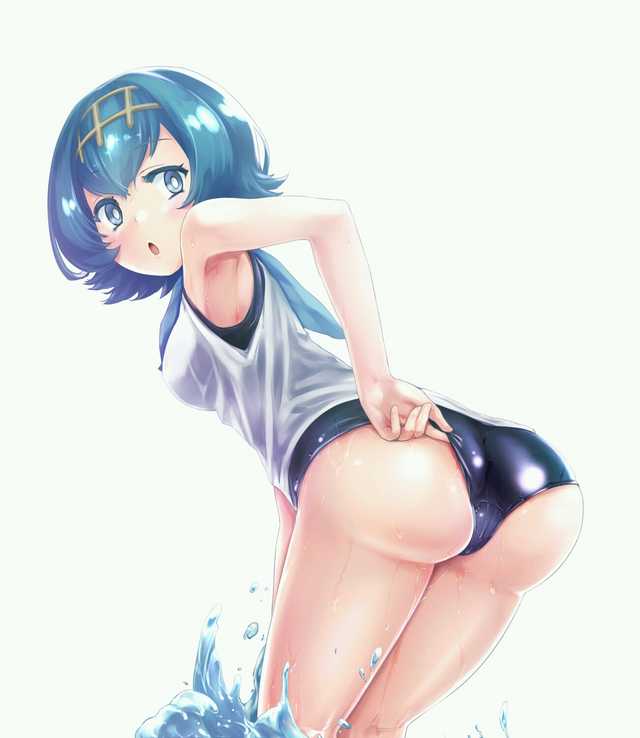1girls, armpits, ass, back, bare shoulders, bent over, blue eyes, blue hair, blush, breasts, female, female only, human, lana (pokemon), looking at viewer, looking back, nintendo, open mouth, pokemon, pokemon sm, shirt, solo, standing, swimsuit, swimsuit pull, tongue, water, wet, white background