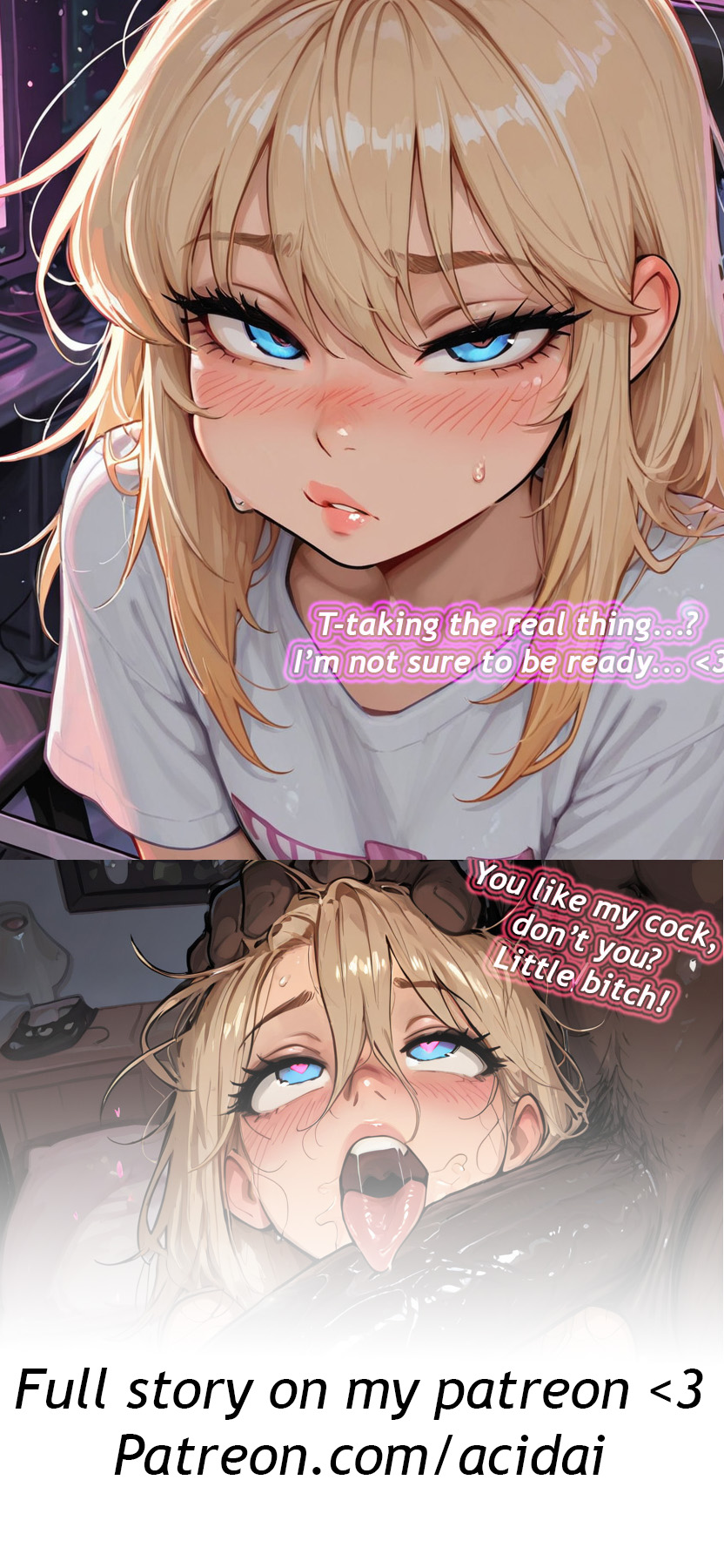 2boys, acidai, ai generated, blonde hair, blowjob, blue eyes, blush, chastity cage, chastity device, completely nude, cowgirl position, cum, cum on body, curtains, dark skin, dark-skinned male, drooling, drugged sex, erection, femboy, feminization, gay, heart-shaped pupils, hypnosis, interracial, large penis, leaking cum, licking penis, male, male only, male/male, mind control, navel, nipples, nude, original character, penis, pov, riding cock, shaggy(acidai), short hair, solo focus, spread legs, straddling, sweat, sweatdrop, thick thighs, thighs, uncensored, yaoi