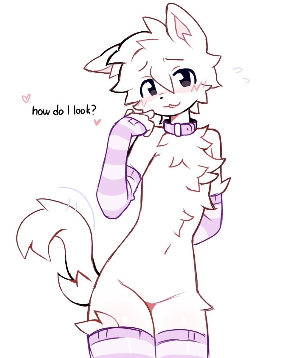 1boy, androgynous, animal ears, armwear, belly button, blush, blush lines, blushing at viewer, brown eyes, choker, collar, ear, elbow gloves, elbows, english text, femboy, flat chest, flat chested, fluffy, fluffy ears, fluffy tail, furry, furry male, furry only, hearts around text, hidden genitalia, hips, hips wider than shoulders, legwear, lewd expression, neck, pink armwear, pink collar, pink legwear, pink thighhighs, stomach, sufness, tail, text, thick thighs, thighhighs, thighs, thin eyebrows, thin neck, thin waist, white armwear, white body, white fur, white hair, white legwear, white thighhighs, wide hips, wide thighs