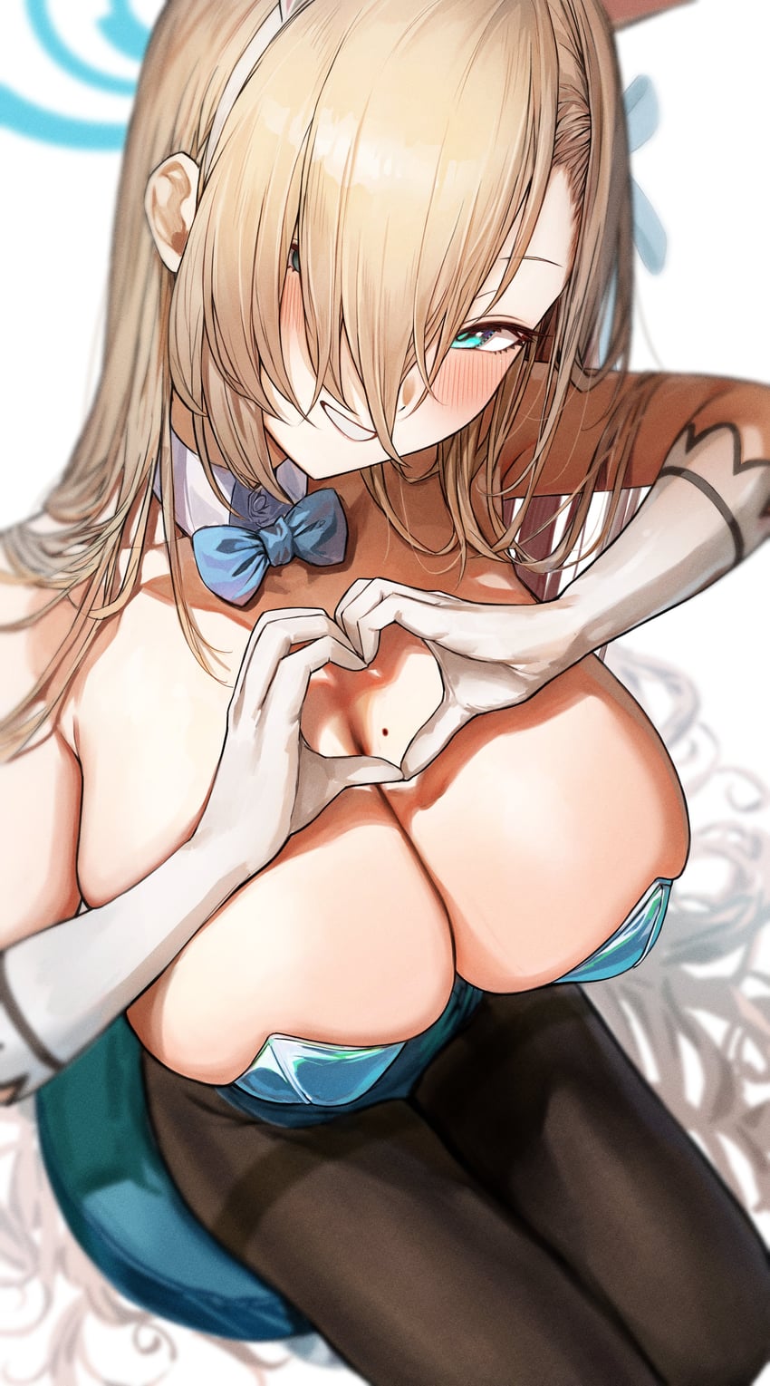 1girls, asuna (blue archive), asuna (bunny) (blue archive), blonde hair, blue archive, blue bow, blue eyes, blue halo, blue leotard, blush, bow, bowtie, breasts, bunny ears, bunny girl, bunnysuit, cleavage, detached collar, elbow gloves, gloves, hair over one eye, halo, heart, heart hands, huge breasts, large breasts, leotard, long hair, looking at viewer, marse (rokudaime), mole, mole on breast, one eye obstructed, pantyhose, playboy bunny, solo, solo female, swept bangs, very long hair, white gloves